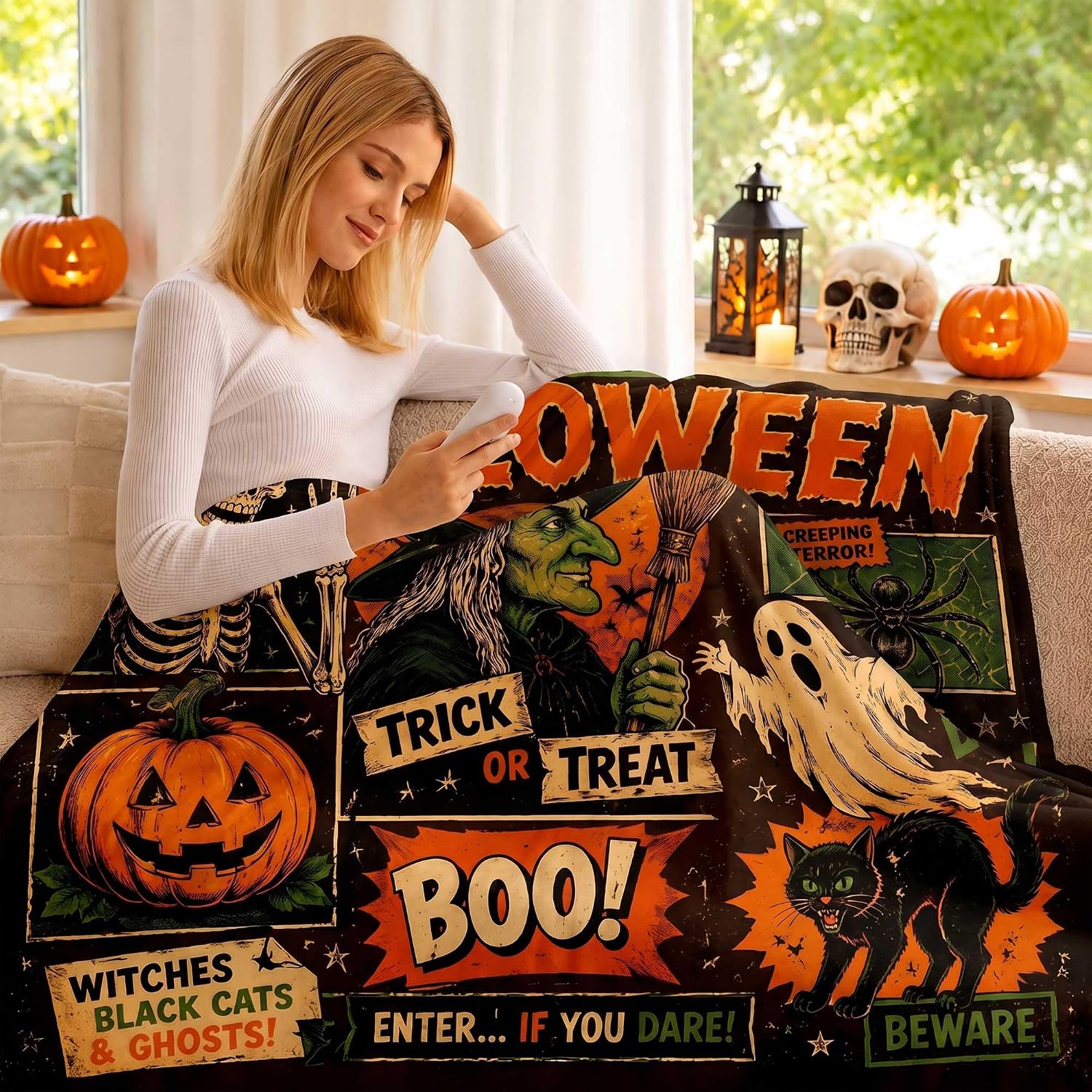 Vintage Halloween Blanket 50x60 Inch - Spooky Witch, Skull & Pumpkin Throw Blankets Cozy Soft Flannel Fleece for Sofa, Couch, Chairs and Bed, Spooky Decor