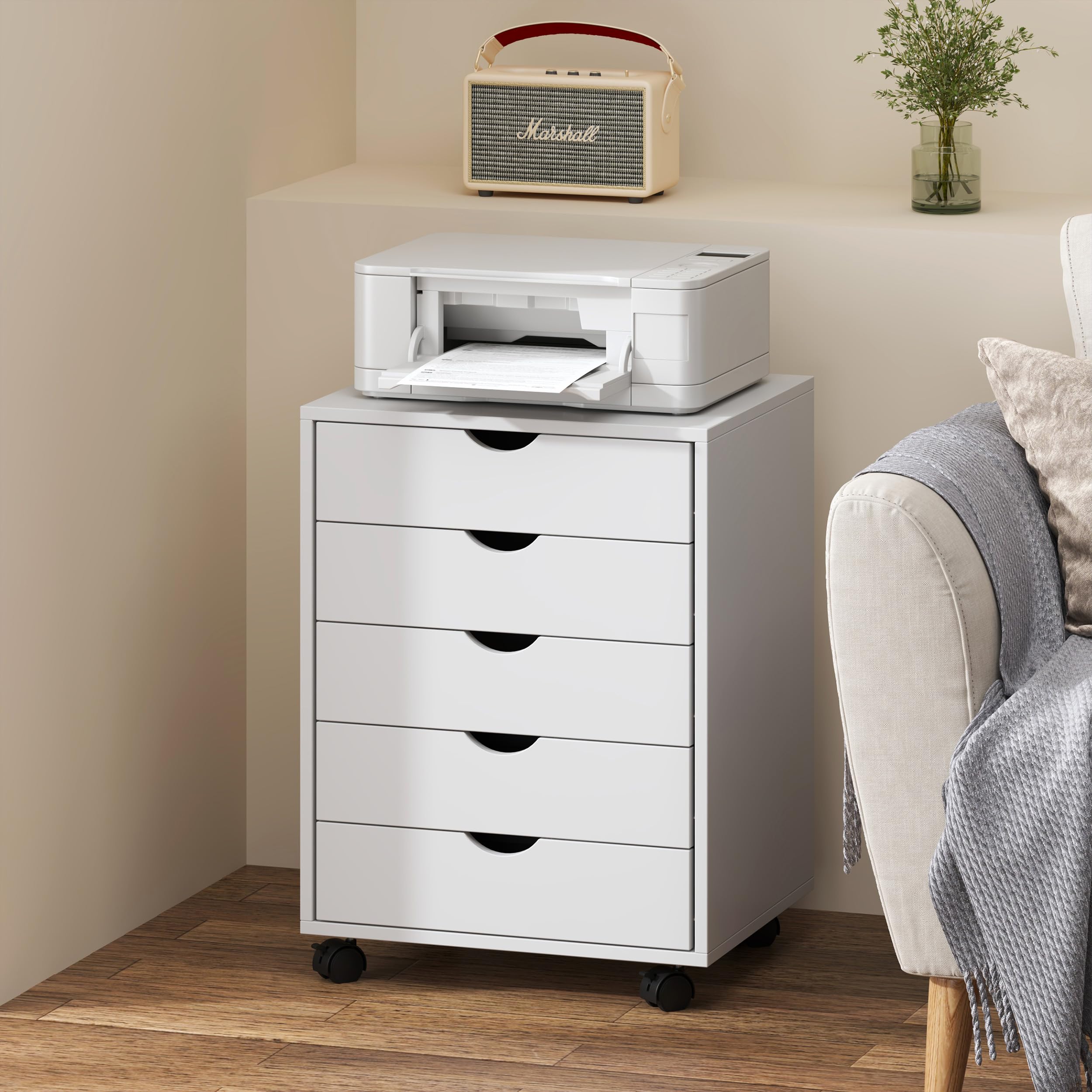 SDHYL Armario archivador vertical con ruedas de 5 cajones para oficina en casa, armario de almacenamiento debajo del escritorio, 5 cajones, color blanco