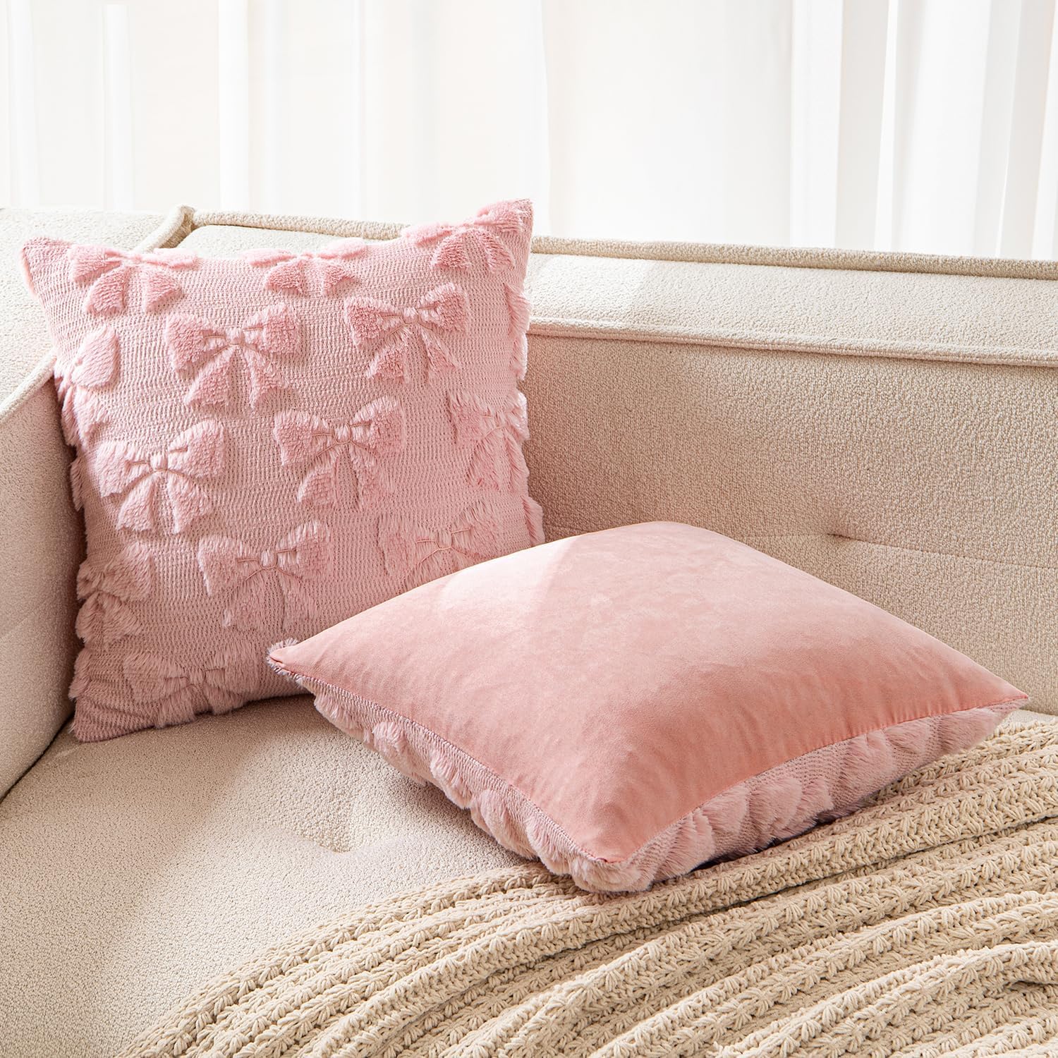 MIULEE Pink Bow Pillow Covers Coquette Room Decor Aesthetic Set of 2 Spring Decorative Cute Girl Soft Plush Faux Pillowcase for Preppy Room Decor Bedroom Couch,24x24 Inch