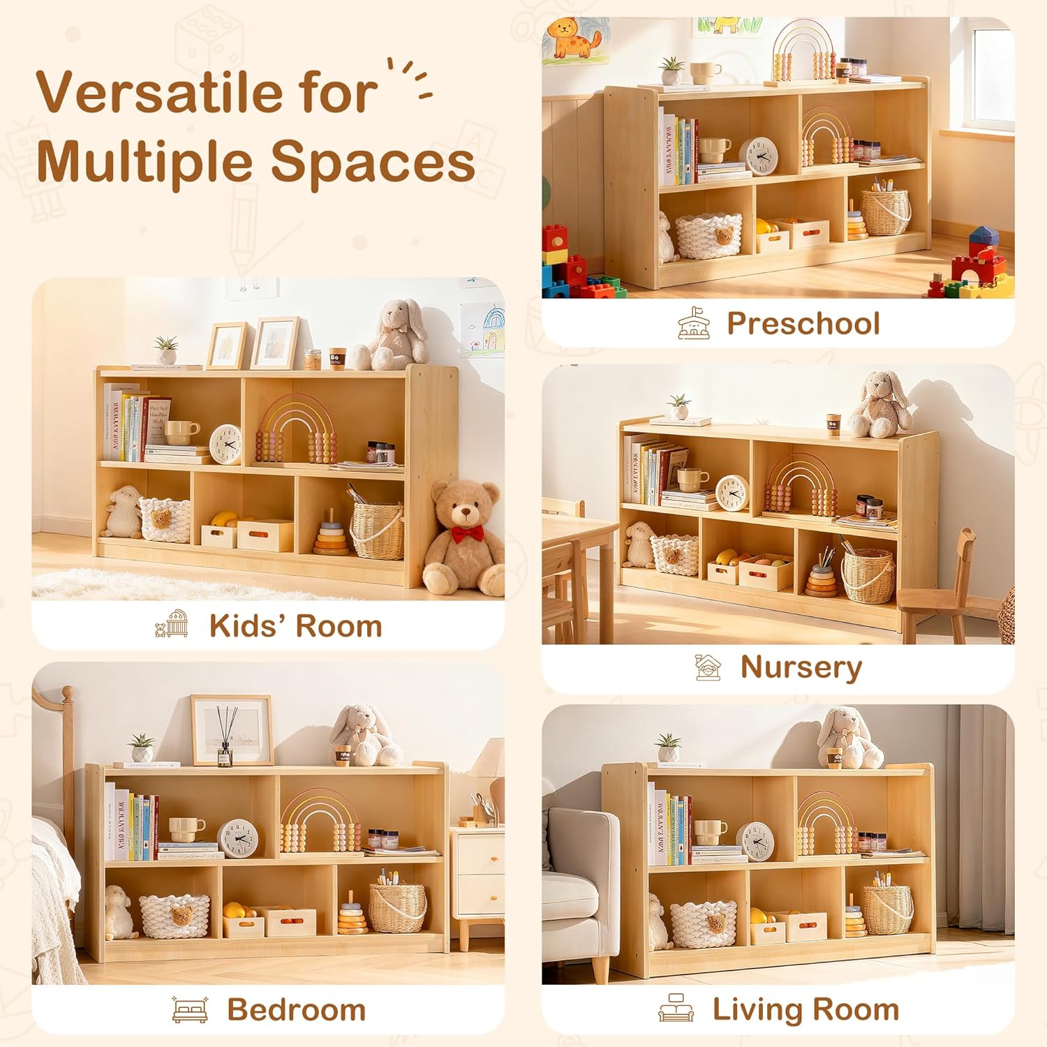 ROBUD Wooden Toy Storage Organizer, 5-Compartment Montessori Shelf with Anti-tip Kit, Wooden Storage Cabinet for Kids Room, Bedroom, Playroom, Nursery, Preschool, 44.9" x 23.6" x 11.8"