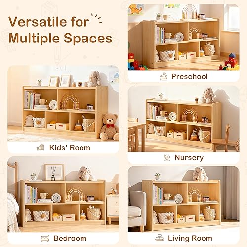 Miniatura 7 de ROBUD Organizador de almacenamiento de juguetes de madera, estante Montessori de 5 compartimentos con kit antipuntas, gabinete de almacenamiento de