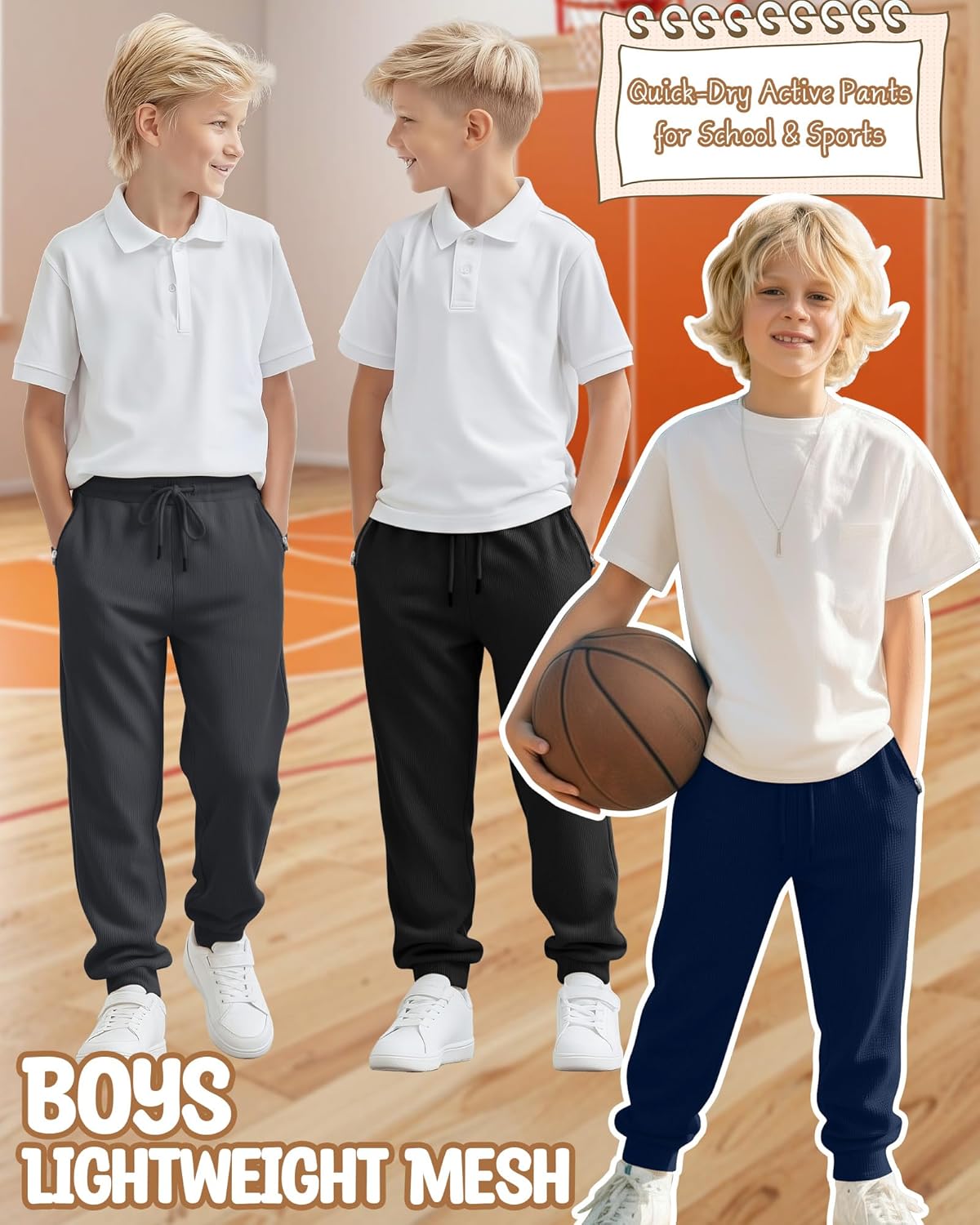 3 Pack Boys' Mesh Joggers Quick Dry Lightweight Sweatpants Kids Elastic Waist Athletic Pants with Zipper Pockets