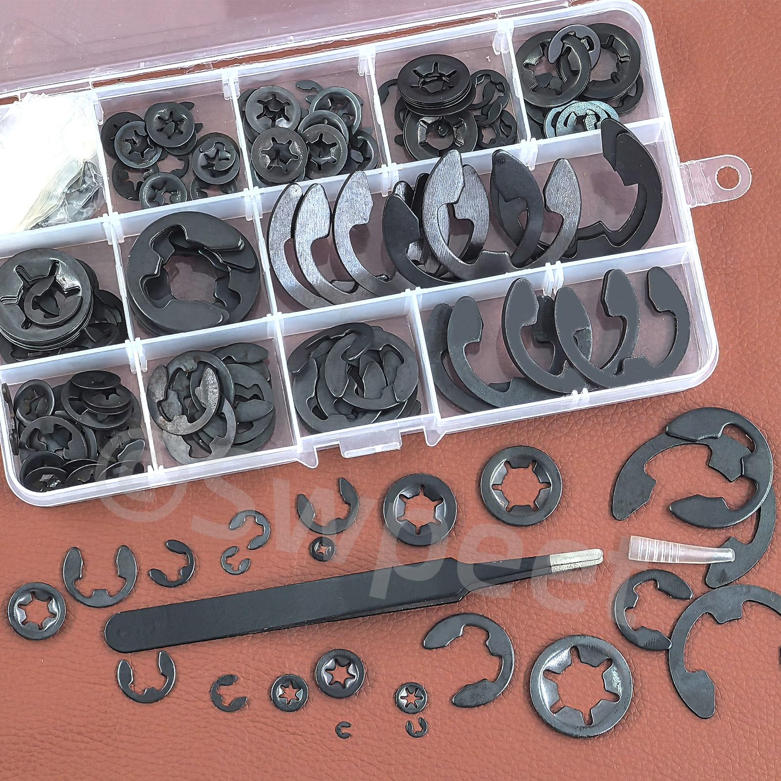 Swpeet 260 dischi di sicurezza in acciaio al carbonio e acciaio al manganese e dentata interna con assortimento di pinzette, molla push on dadi di sicurezza, clip a scatto