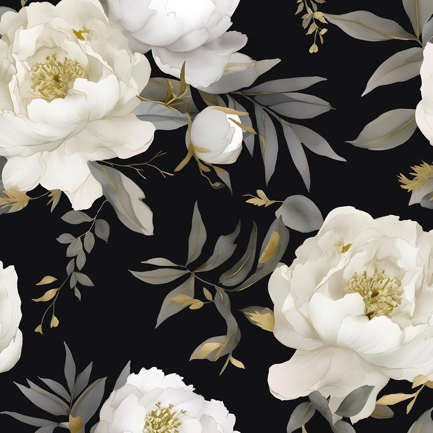 Laatse Dark Floral Wallpaper Peel and Stick Boho Wallpaper 17.5in x 118in White Floral Contact Paper Self Adhesive Waterproof Vintage Flowers Wall Paper for Bedroom Walls Countertop(White,Golden)