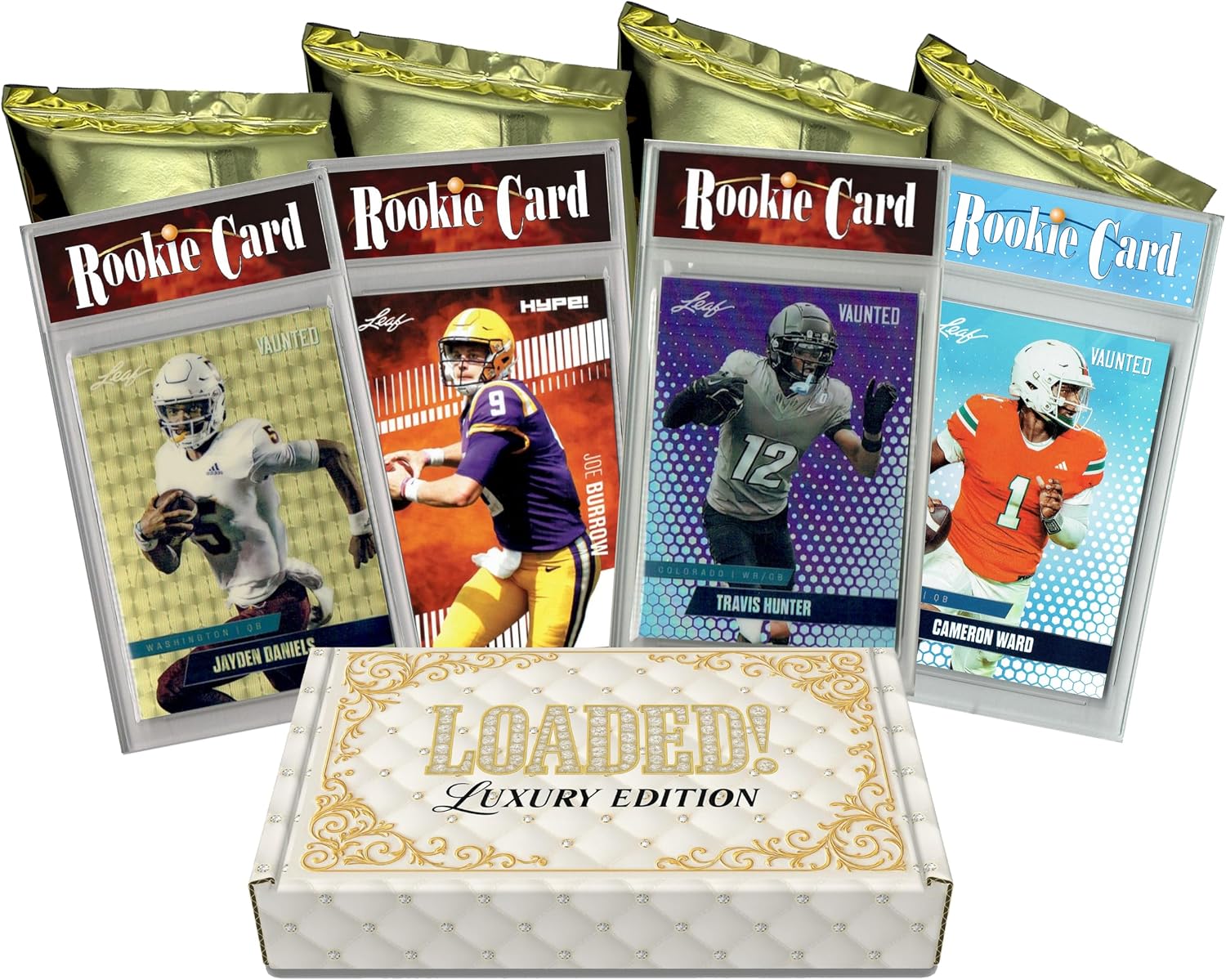 LOADED! LUX Football: 4 CM+ Rookie Cards/SPs - Josh Allen, Jeanty, Mendoza | 4 Pro Football Trading Cards, Reviewed & Sealed, Gorgeous white & gold flip-top box, 2 Numbered SPs in Every Box!