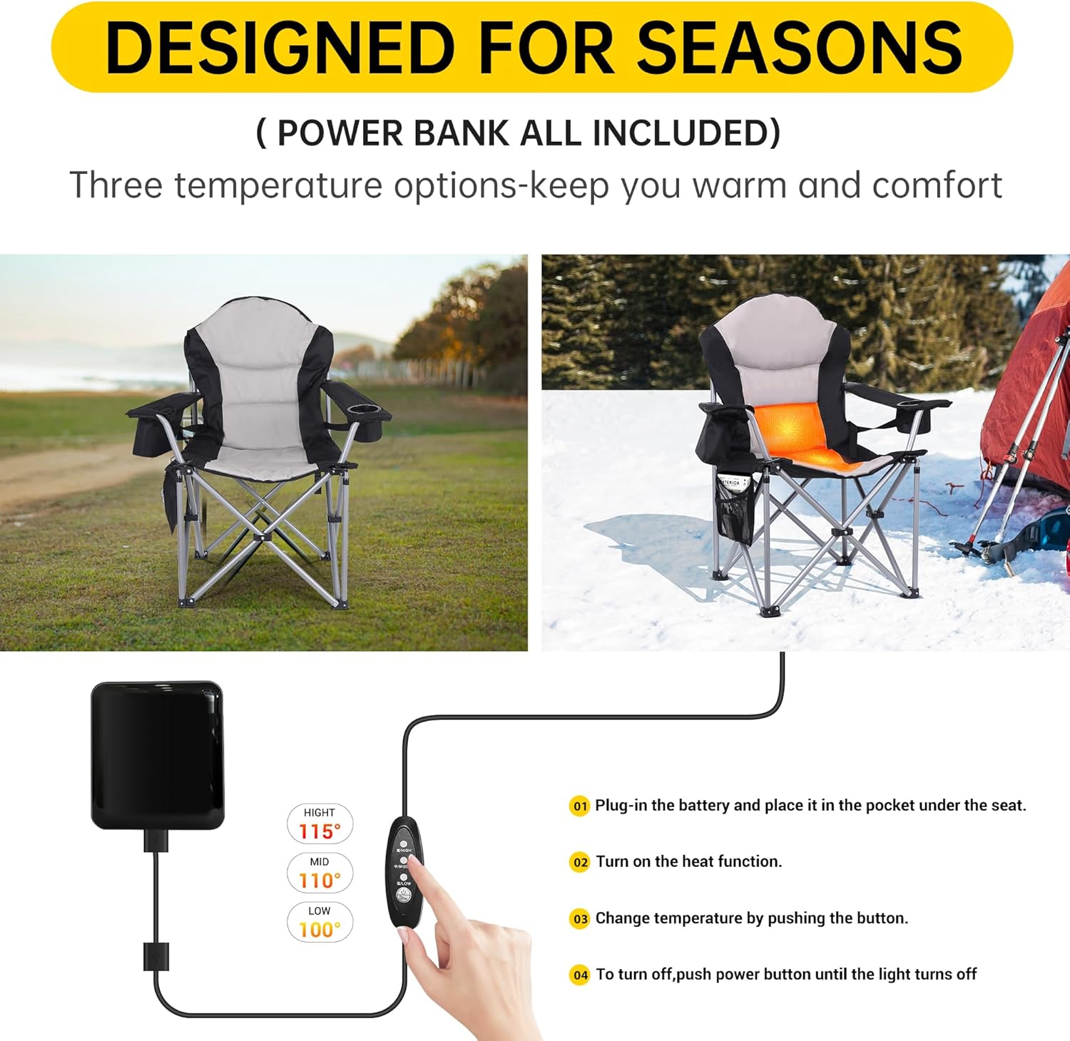 CDEN Heated Sports Chair, Outdoor Heated Chair, Heating Camping Chairs, Heating Lawn Chairs, Folding Chairs, 10000mAh Power Bank, Thick Padding, Heavy Duty, Cooler Bag, armrest, Carry Bag (1 Pack)