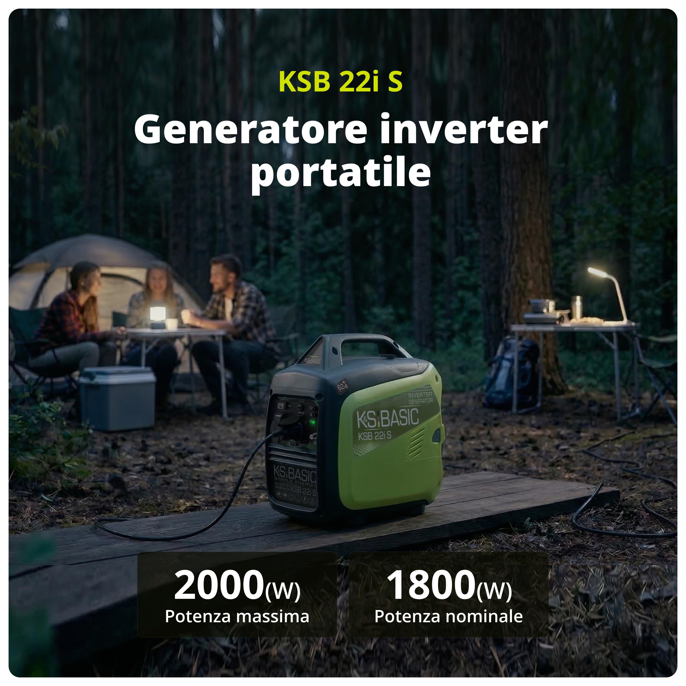 K&S BASIC KSB 22i S Generatore inverter 2000 W 4 Tempi Portatile Benzina Silenzioso per Campeggio Camper Pesca Caravan con Modalità Eco, 2x230 V Prese, Rame, Compatto Silenzioso Leggero