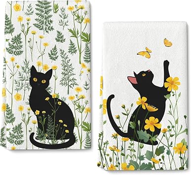 Black Cat Kitchen Towels, Spring Plants Wildflower Herb Dish Towel, Botanic Tea & Hand Towel Cat Lovers & Plant Lovers Gifts for Women