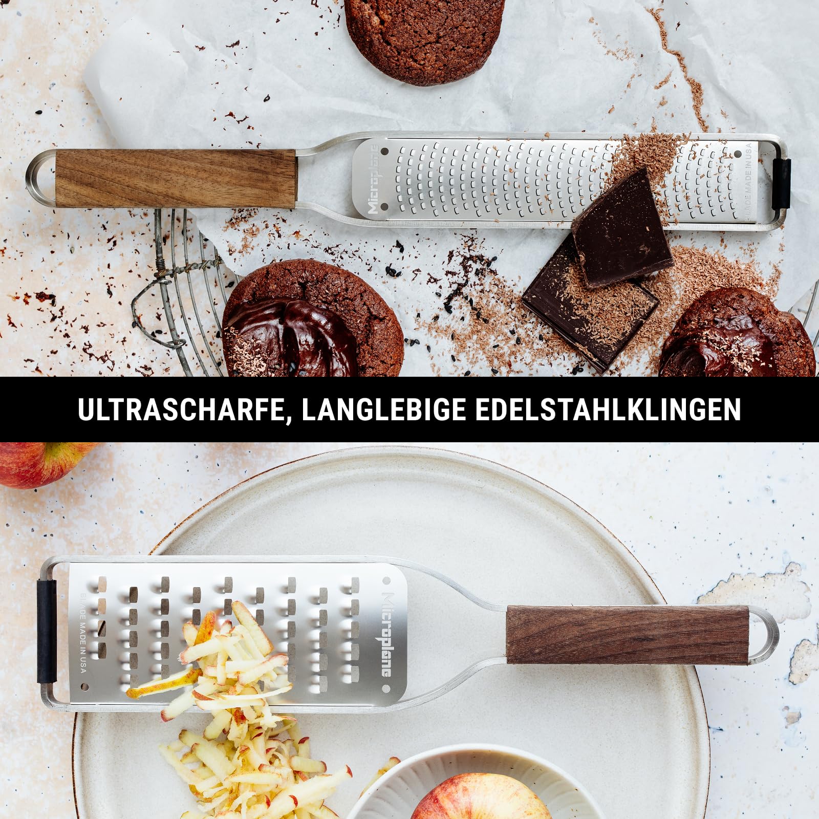 Microplane Reiben-Set (Zester & Extra-Grob) für Zitrusfrüchte, Hartkäse, Muskatnuss, Kartoffeln, Karotten & Zucchinis aus der Master-Serie mit Walnussholzgriff und Edelstahlklingen - Made in USA