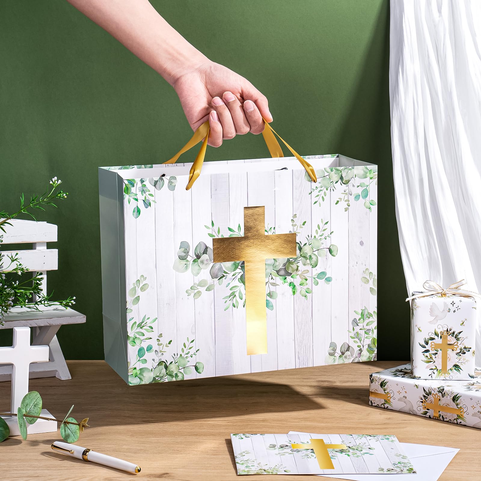 WRAPAHOLIC 13" Large Religious Gift Bag with Card and Tissue Paper - Gold Foil Eucalyptus Cross Design for First Communion, Easter, Baby Baptisms, Christenings