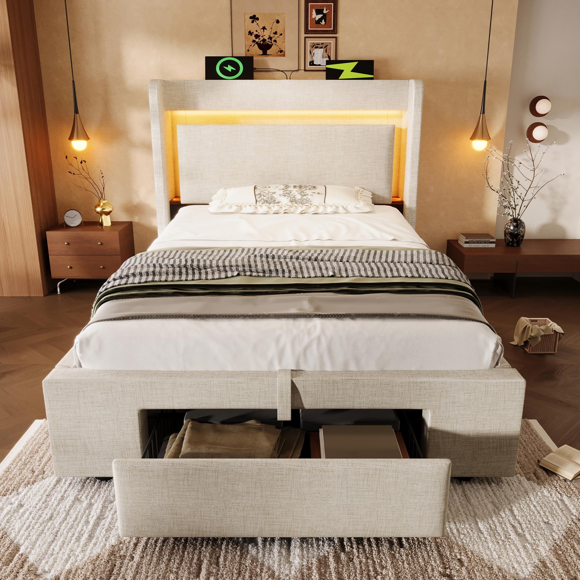 Cama 90x200 cm Camas Juveniles con USB y LED, Cama Individual Tapizada con Almacenamiento Abatible y Cajón, Camas Infantiles Individuales con Almacenaje Hidráulico, Lino, Sin Colchón, Beige