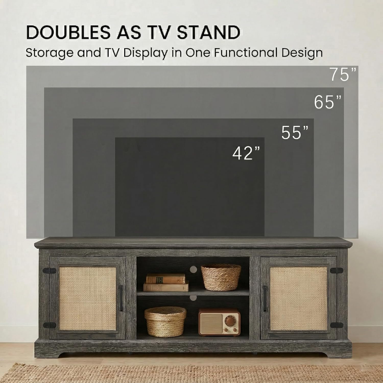 65" W Rattan Media Console Table with Fireplace, Mid-Century TV Stand for TVs Up to 75 inch, Wooden Entertainment Center with Adjustable Shelves for Living Room (Gray)