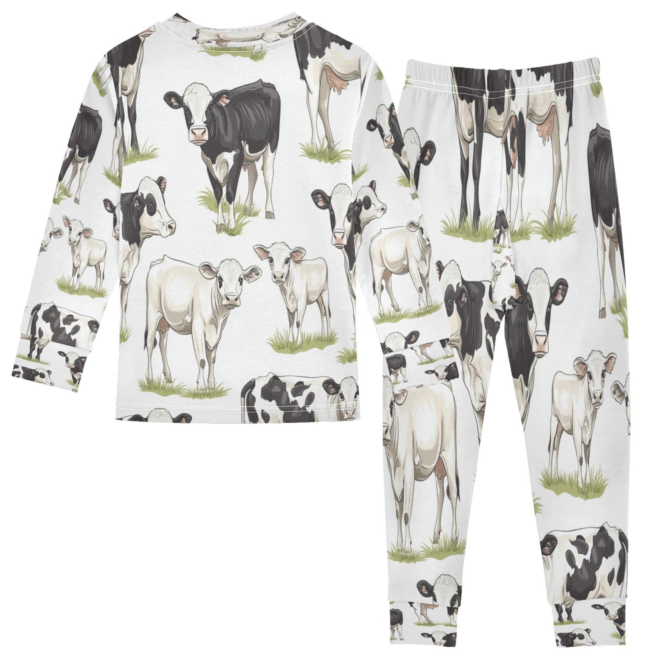 Vozoza Cows Calves Grass Pajama Sets Long Sleeve Top with Pants Cotton Soft Sleepwear 2 Piece Pjs Set Size 5T