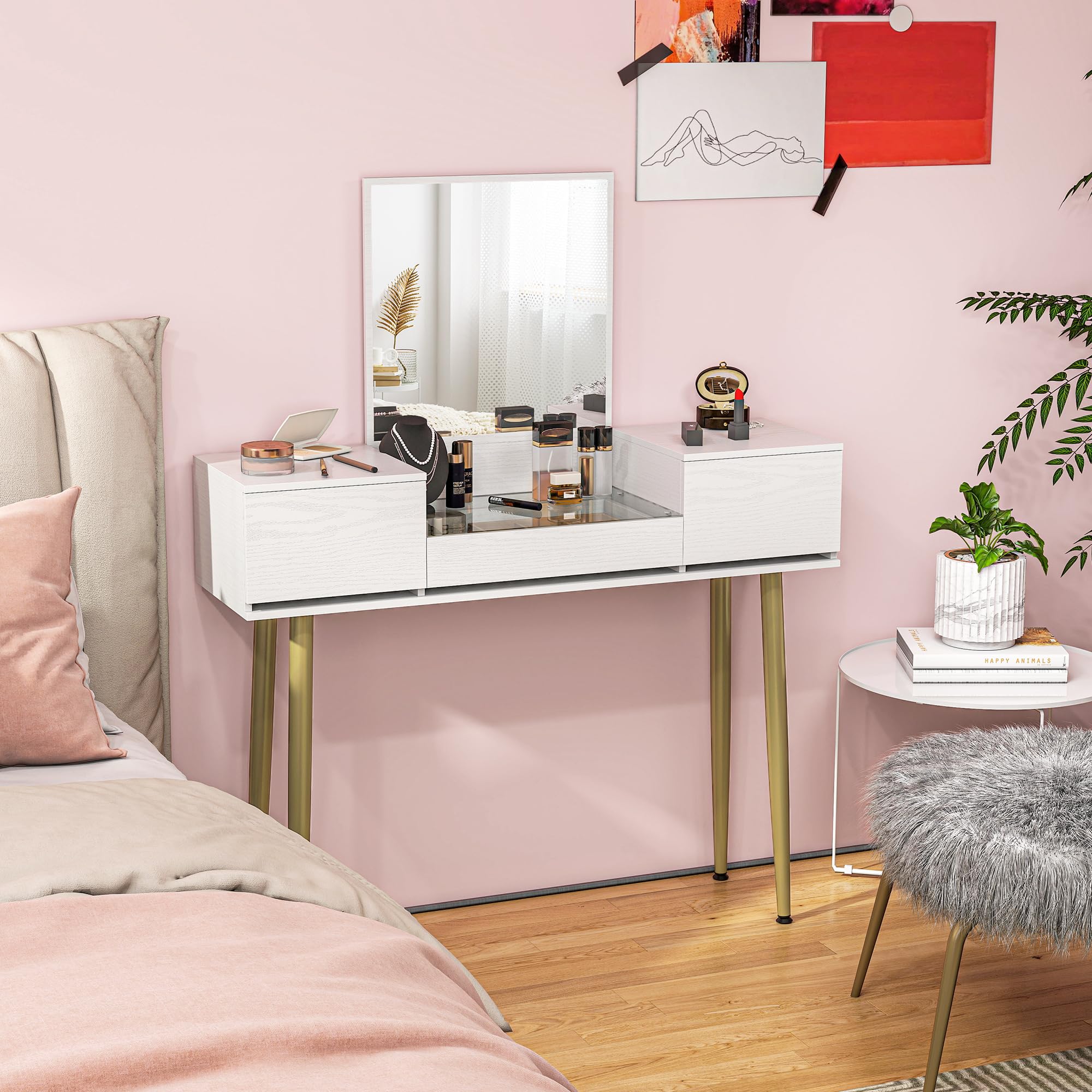 HOMCOM Tocador de Maquillaje con Espejo Tocador con Encimera de Vidrio Templado Visible 3 Cajones Mesa de Maquillaje Moderna para Dormitorio Blanco