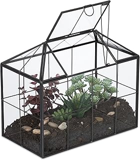 Relaxdays Pflanzenterrarium, Glas & Zinn, Deko Glashaus für Kakteen & Moos, Glaskasten für Fensterbank, schwarz