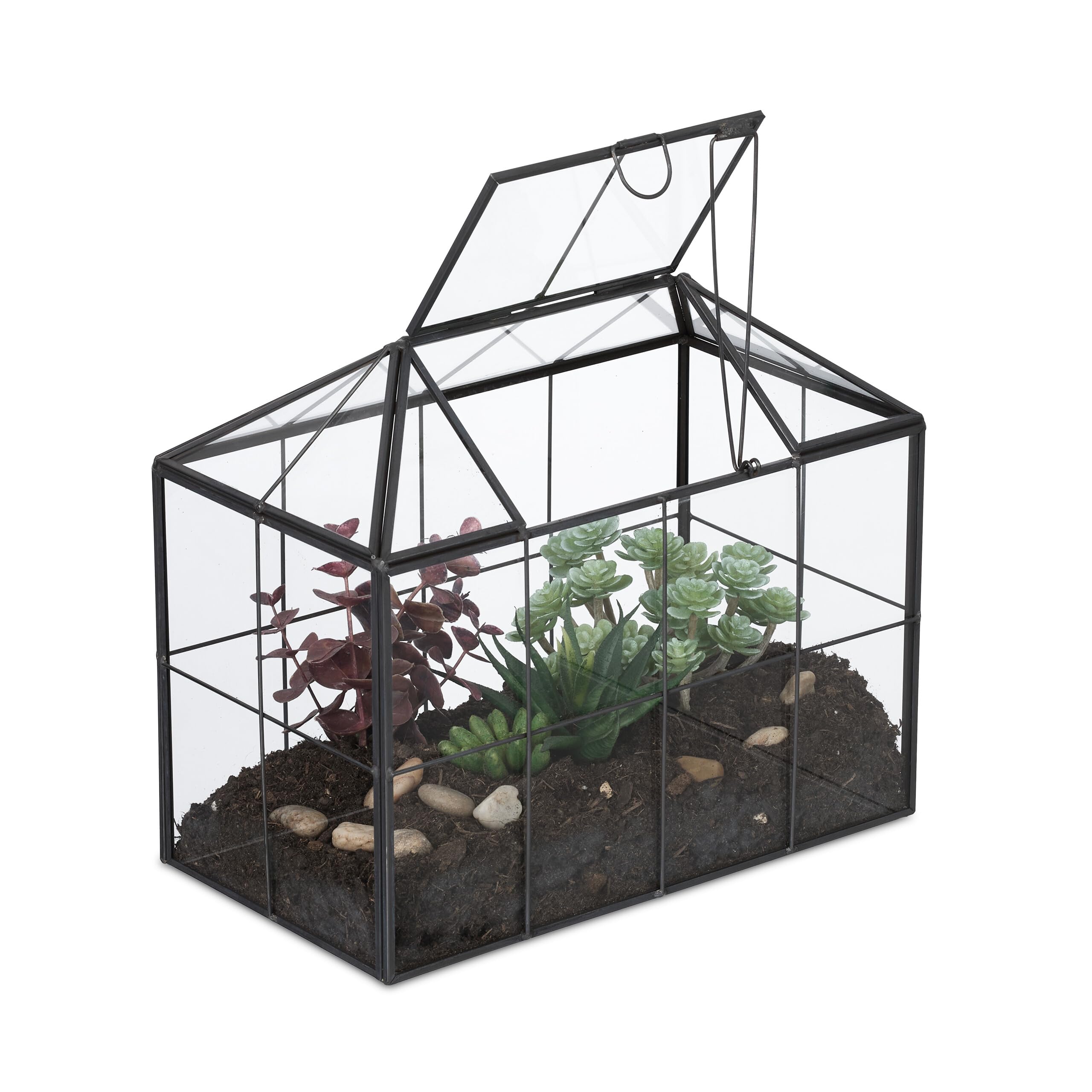 Relaxdays Terrarium, Glass & Tin, House Shape, Succulents, Moss & Air Plants, Mini Greenhouse, Windowsill Decor, Black