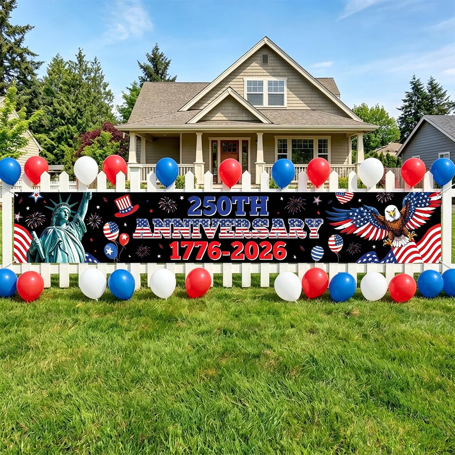 250 Anniversary American Banner, 4th of July USA 250th Birthday Yard Banner Party Decorations for Outdoor, 1776-2026 Patriotic Flags with Balloons for Home Outdoor Indoor Garden Party Decor Supplies