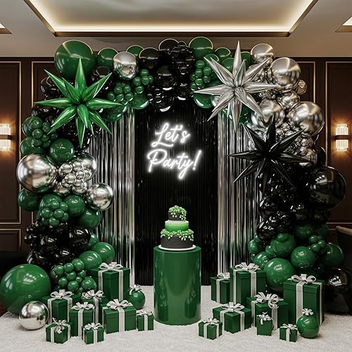 Kit de guirnalda de globos de color negro y verde, plateado, 130 unidades, verde bosque, cromado, plata, globos de papel de aluminio verde cazador