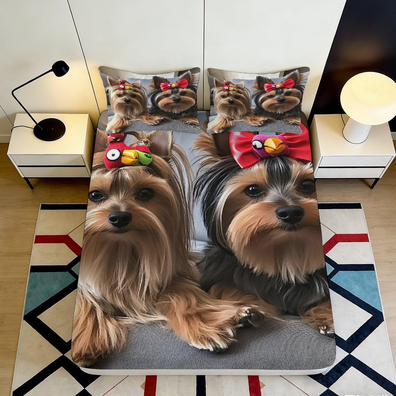 Dhbaneiok Style-9 3D Printed Cute Yorkshire Terrier Fitted Sheet Microfiber Soft Breathable Dog Bow Mattress Cover Bedroom Decor 90X200x25cm