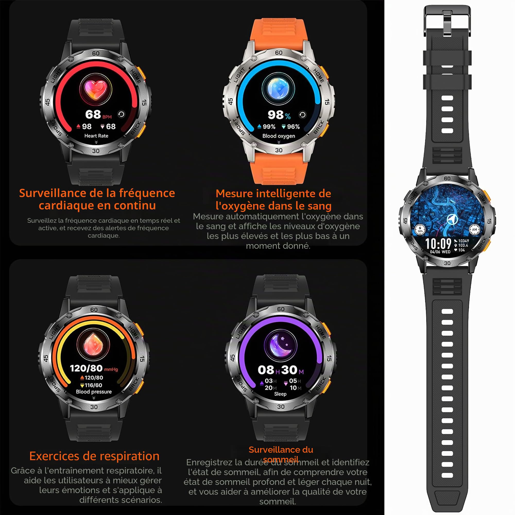 Montre intelligente pour homme Bluetooth 400 mAh Grande batterie AMOLED 5 ATM Fitness SpO2 Podomètre pour iOS