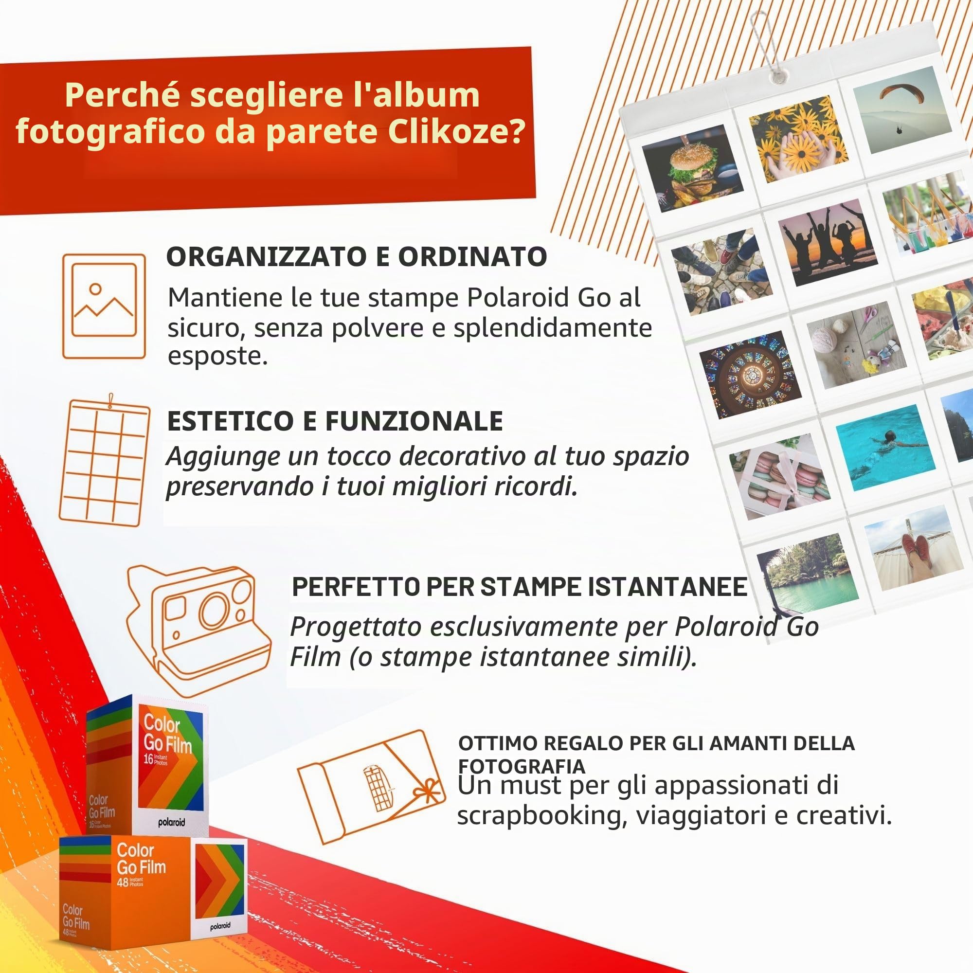 Set di 64 pellicole fotografiche a colori per fotocamera istantanea con Polaroid Go Film e album fotografico Clikoze Wall