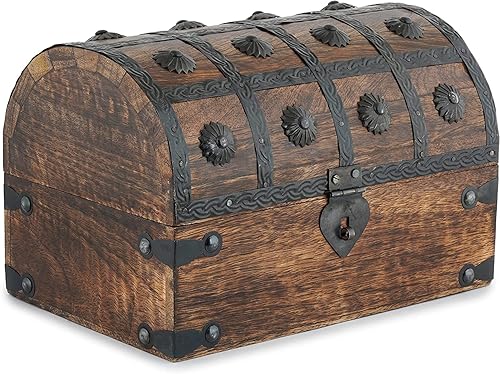 Ajuny Cofre del tesoro pirata de madera con bisagra de 9 x 6 pulgadas, organizador decorativo vintage hecho a mano con diseño de tiras de concha,