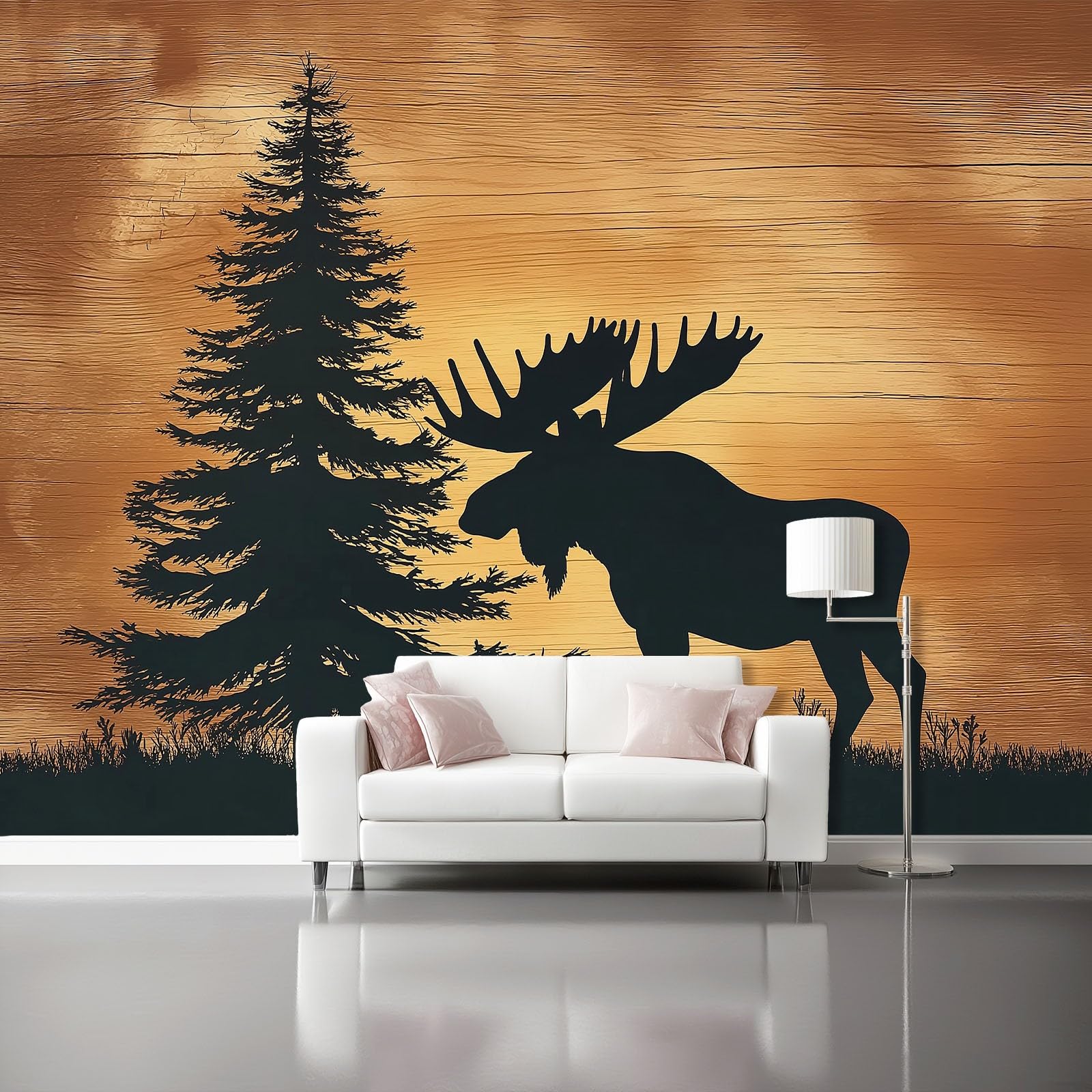 Tapeta Retro Łoś Sosnowy Sylwetka 400 x 280 cm, Plakat Fototapeta Dekoracja Ścienna Salon Sypialnia Pokój Dziecięcy Brązowy