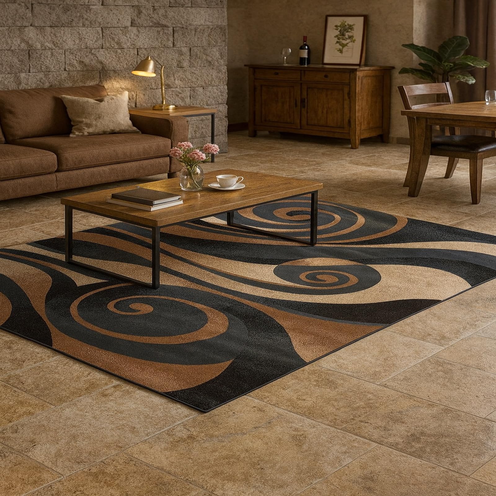 Tapis de grand salon 180x200 cm abstrait bleu marron doux et antidérapant