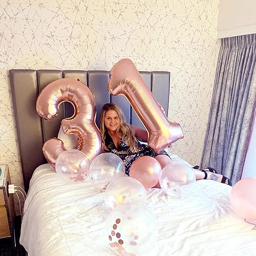 Miniatura 4 de Globos de oro rosa de 40 pulgadas con el número 20, globos de helio gigantes de aluminio con el número 2 y 0 con globos de confeti para mujeres y