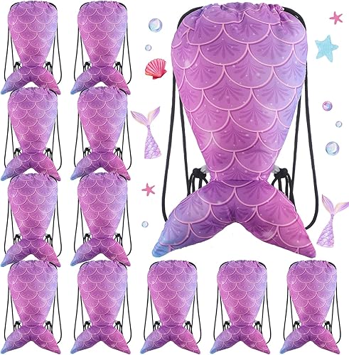 Kingdder 12 bolsas con cordón de sirena bajo el mar, bolsas de regalo de fiesta temática de sirena, bolsas de regalo de cumpleaños, bolsa deportiva,