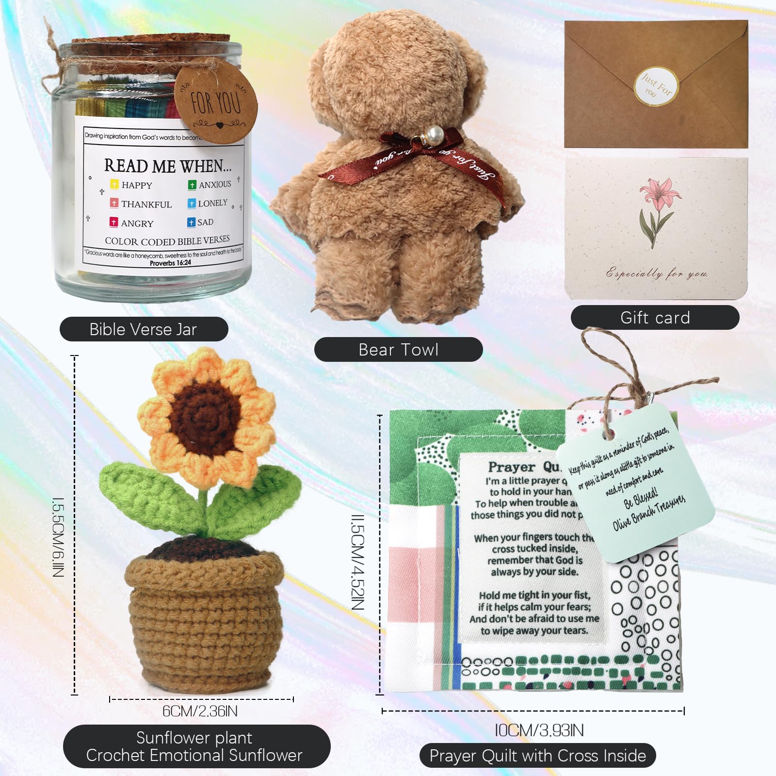 Christian Gifts for Women,6pcs Inspirational Religious Gifts for Women with Bible Verse Emotions Jar, Prayer Quilt with Cross Inside,Sunflower Emotional Support Plant,Mothers Day Birthday Gifts