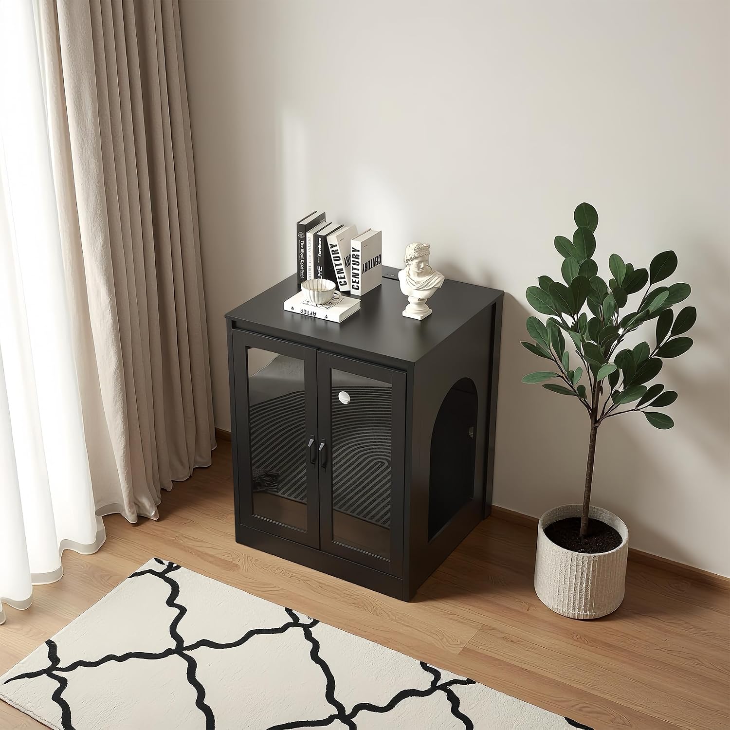 Cat Litter Enclosure with Cat-Viewing Glass Doors, Litter Cabinet with Power Outlet and Cozy LED Lights, Reversible and Optional Entry, Black