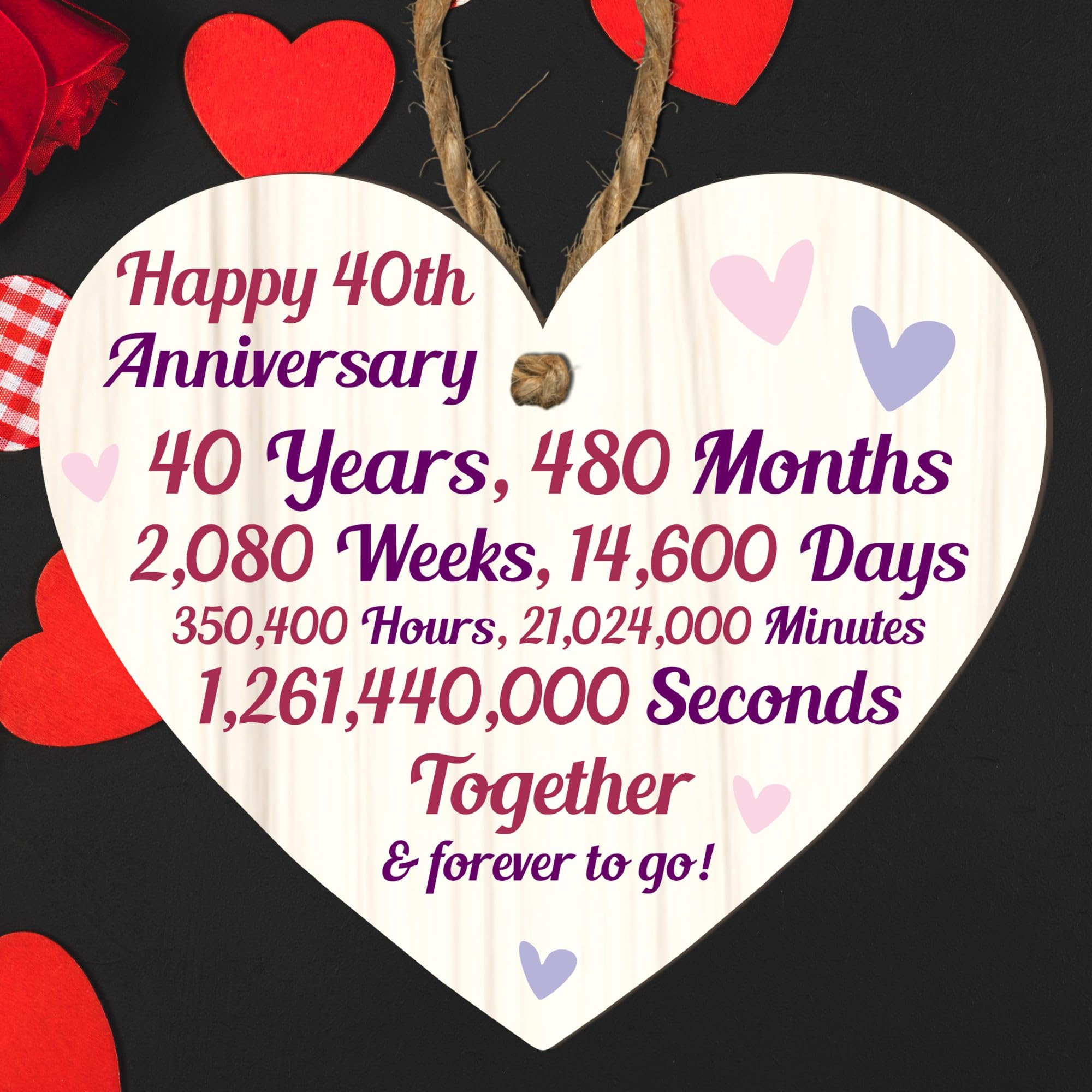 40th Anniversary Wooden Heart Plaque – Personalised Keepsake Gift for Grandparents, Parents, Him or Her – Rustic Charm, 10cm x 9cm (40th Anniversary, Large: 23 cm (H) × 20 cm (W)) — image 1