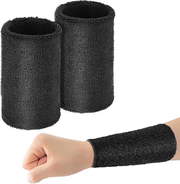 Yolev 2pcs 6 inch Striped black Wrist Sweatbands Moisture Wicking Sweat Absorbing Cotton Sweat Band for Men and Women