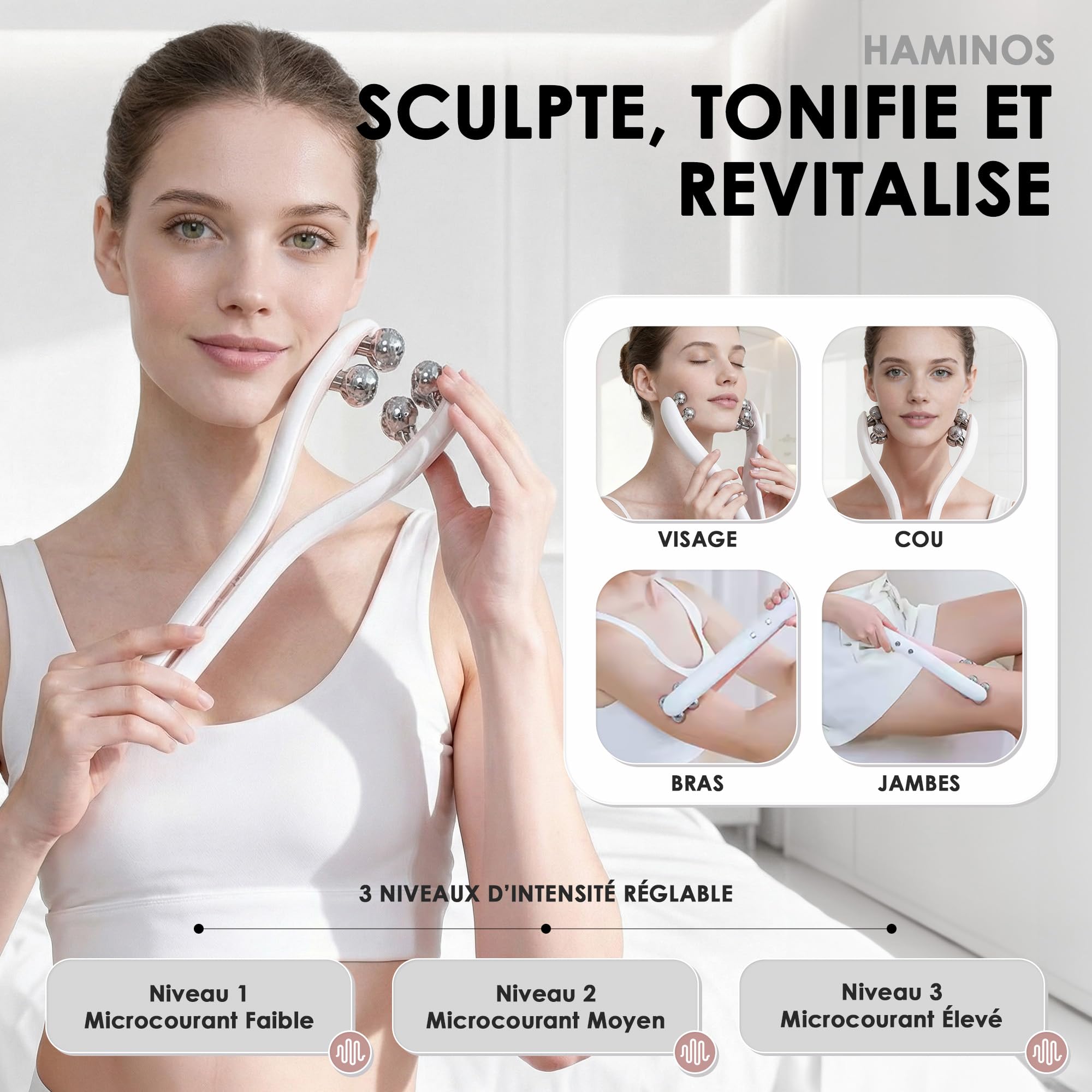 Masseur Visage Microcourant avec Roller 3D, 3 Niveaux d’Intensité, Appareil Massage Visage pour Lifting, Contour du Visage, Cou, Bras et Jambes, UTILISATION OBLIGATOIRE AVEC LE SÉRUM