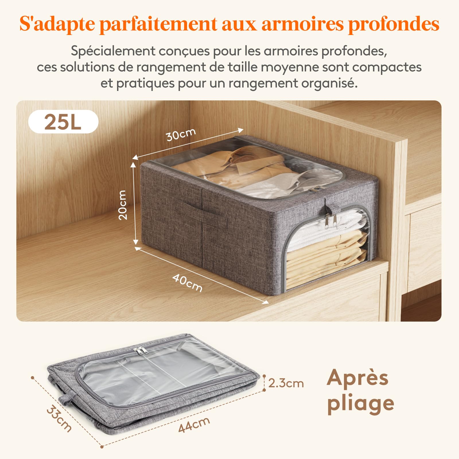 Lifewit Boite de Rangement Robuste avec Cadre en Métal, Sac de Rangement Pliable avec Fenêtre Transparente, Bac Rangement Sous Lit, Organisateur Placard pour Vêtements, Couvertures, 25 L, Lot de 6
