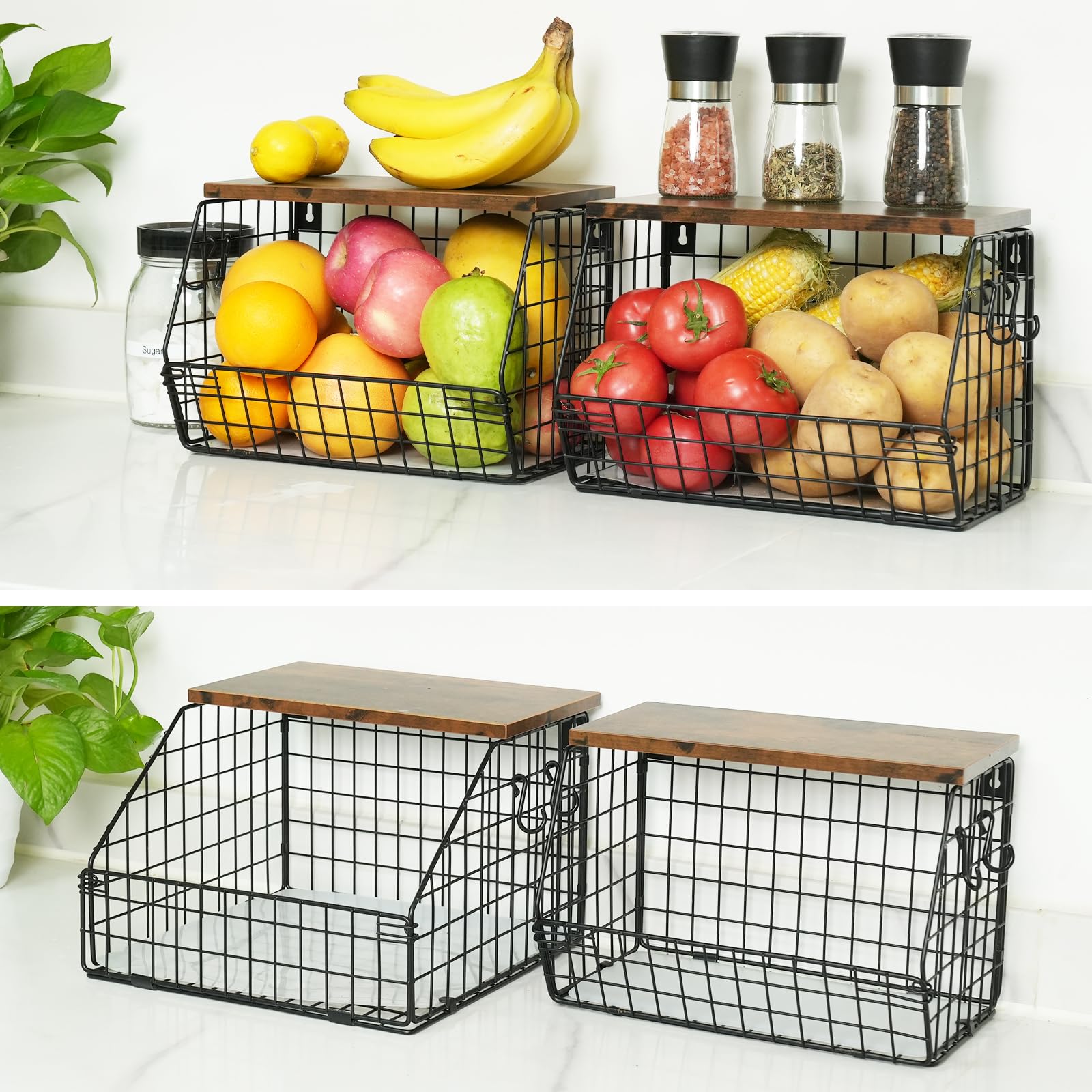 4 Tier Fruit and Vegetable storage, Wall Mounted Wire Baskets, Fruit Basket for Kitchen Counter, Hanging Fruit Basket, Potato Onion Basket, Wire Basket for Organizing, Countertop Organization Pantry