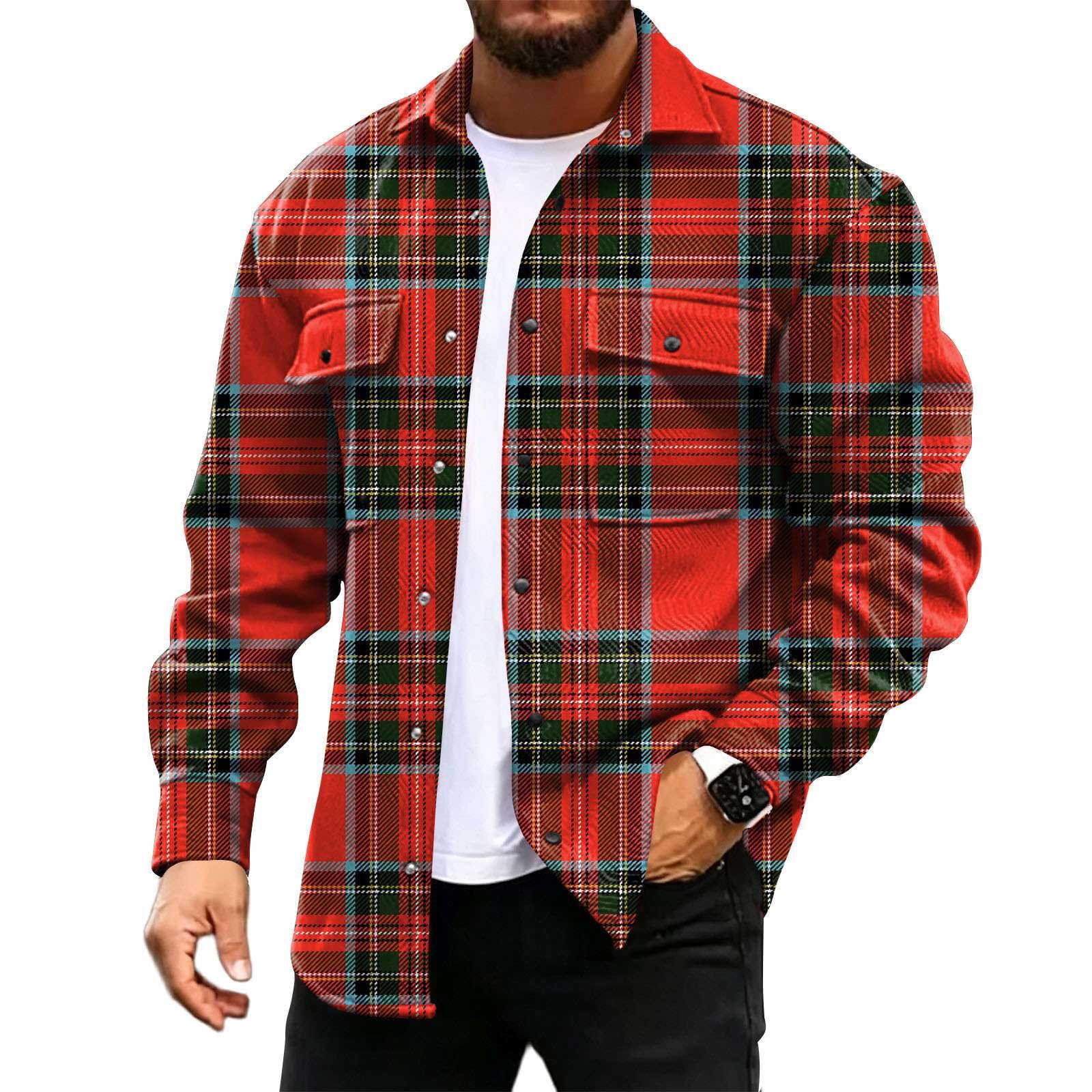 Generisch Langarmhemd Herren Kariert Hemdjacke Casual Baumwolle Karohemd
