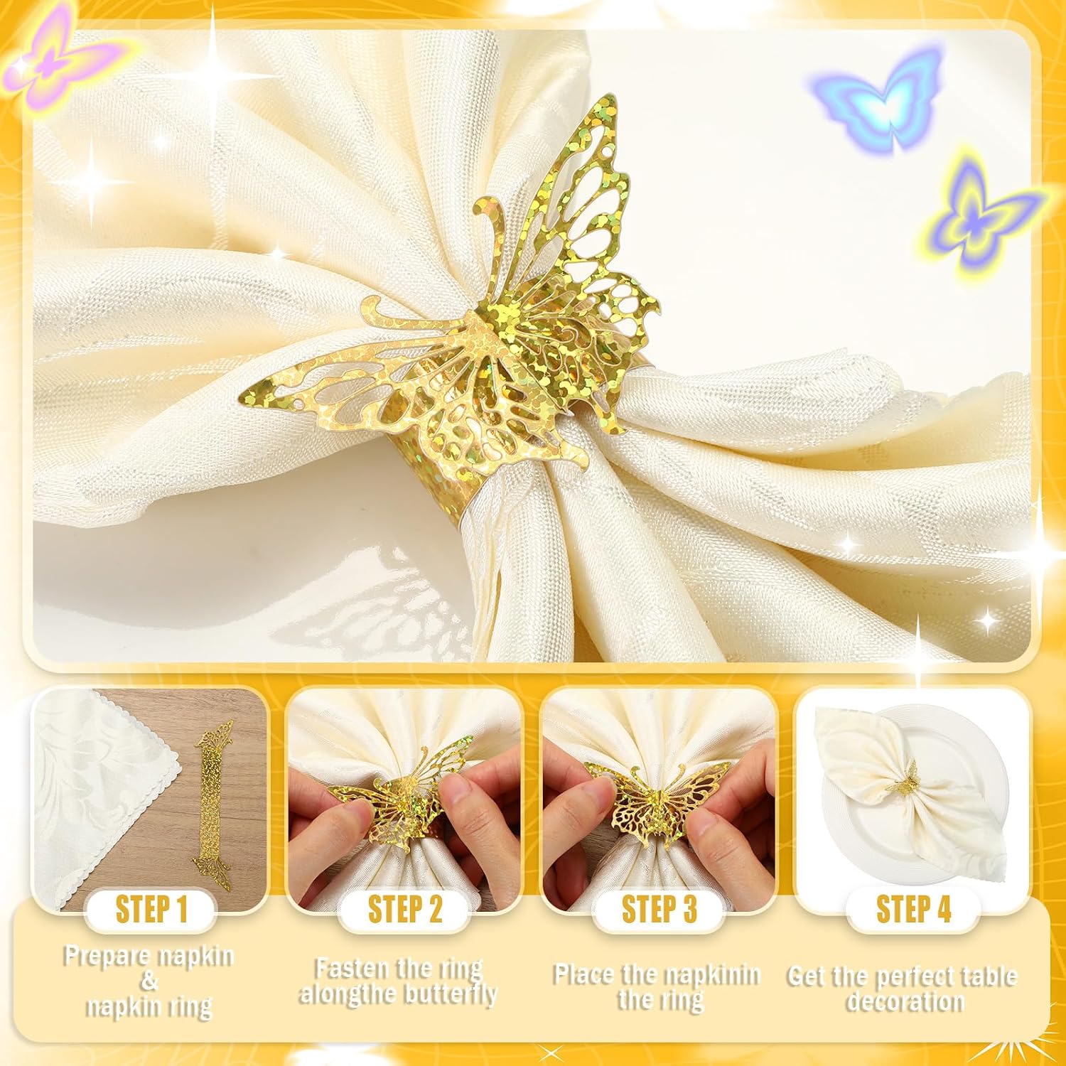 Patelai 200 Pcs Gold Butterfly Napkin Rings Sequined 3D Butterfly Paper Napkin Holders for Dinners Tables Wedding Anniversary Party Decor Baby Bridal Shower Banquet Supply