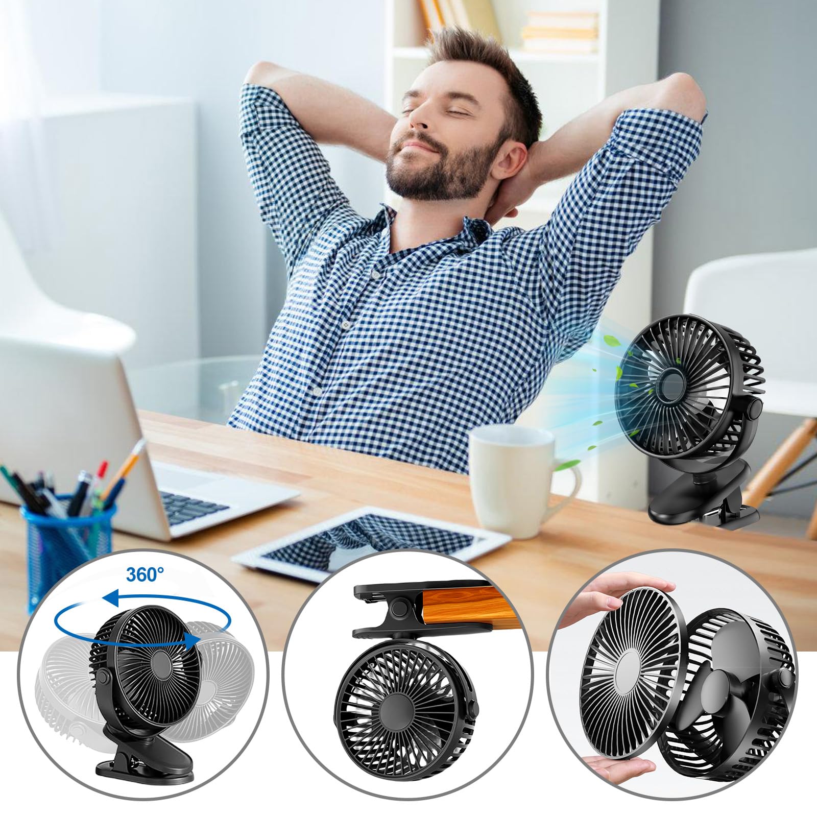 Mini ventilatore a clip, 5000 mAh, con clip, mini ventilatore, ventilatore da tavolo, ventilatore a morsetto, piccolo ventilatore da tavolo, silenzioso, 3 livelli di velocità, rotazione a 360°
