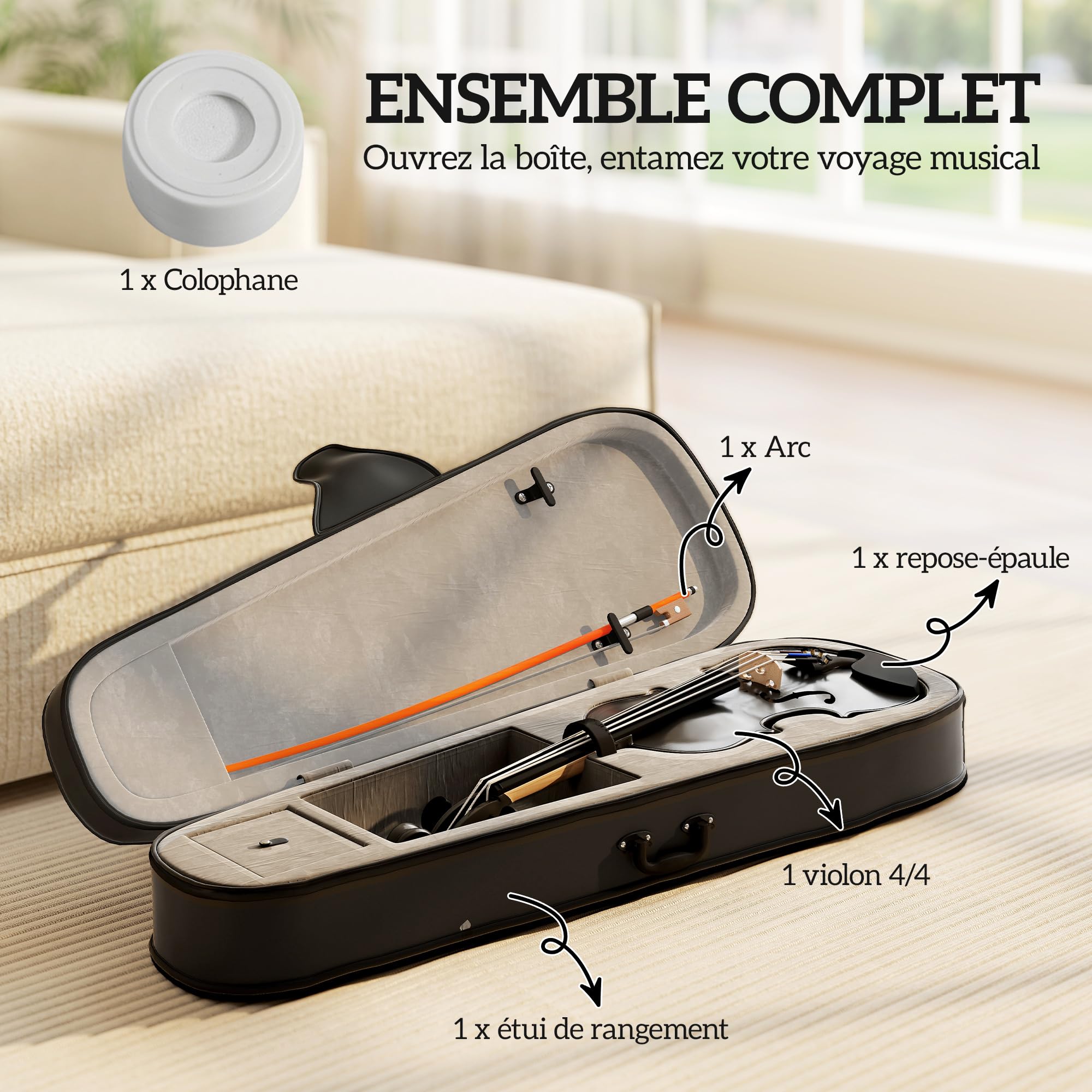 HOMCOM Violine 4/4 Set Massivholz für Erwachsene und Anfänger schwarz | Leichte und tragbare Tasche, Bogen, Kolophonium, Steg, Schulterstütze