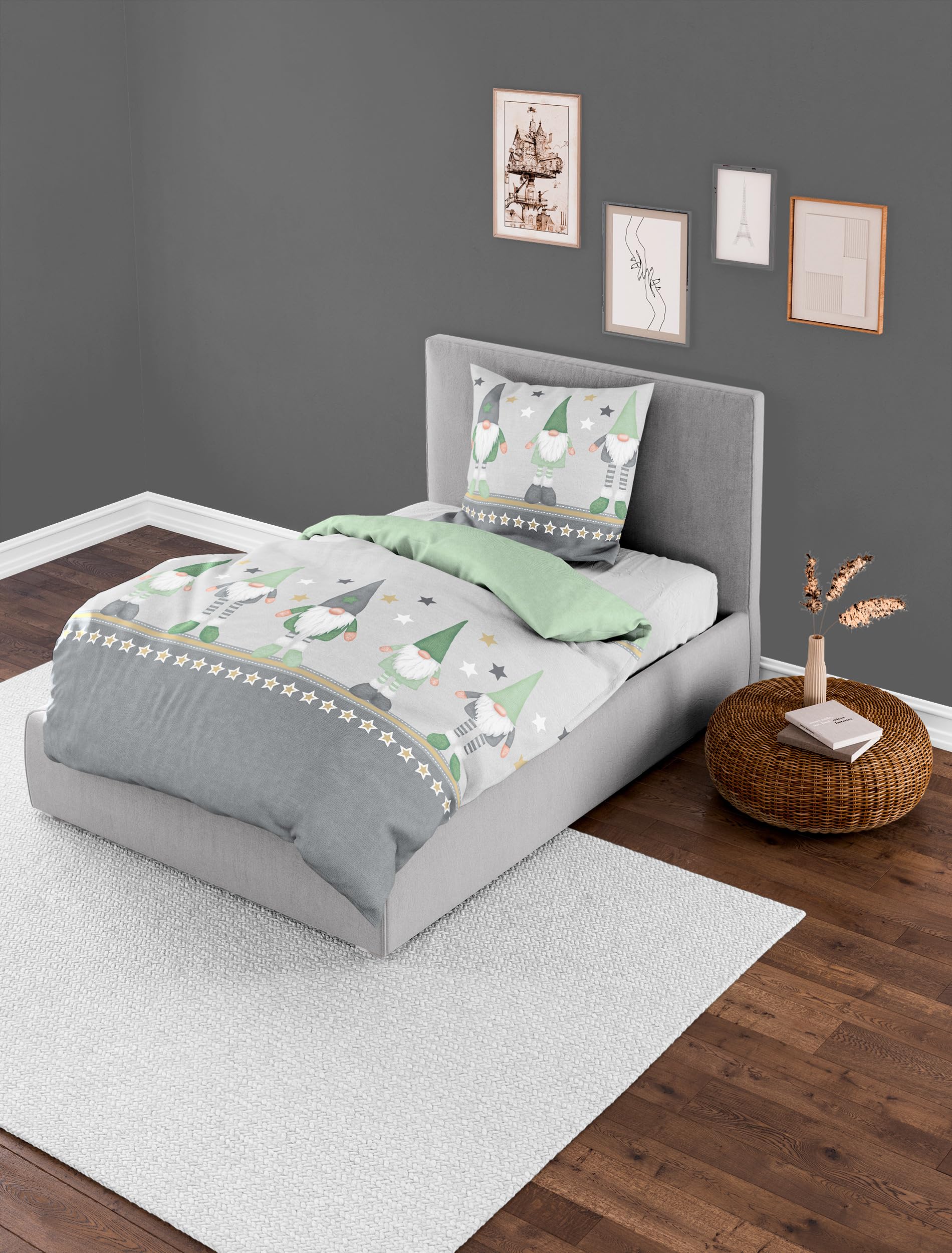 Bierbaum 4104 Fine Flannelette Bed Linen, Designed in Germany, Green 30, 135 x 200 + 80 x 80 cm