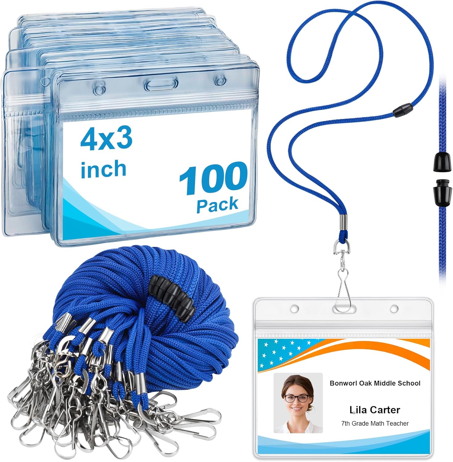 Bulk Blue Breakaway Lanyards for ID Badges, 100 Pack Safety Neck Lanyards with 4x3 Horizontal Clear ID Badge Holder, Waterproof Badge Holders for Schools, Hospitals, Offices & Events