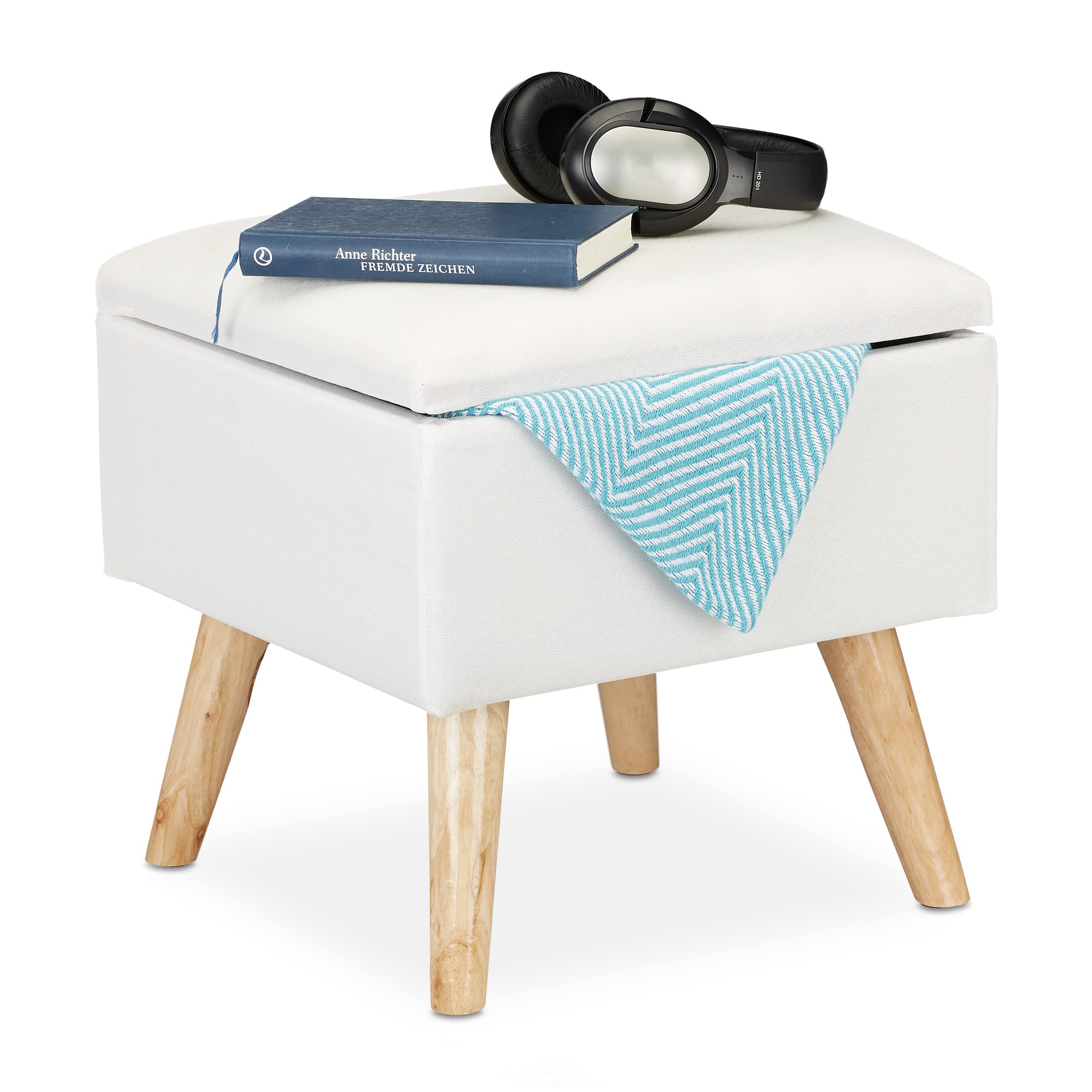 Relaxdays Low Stool, Pouffe Seat Storage, Storage Chest, 1 pc, Wood-Fabric, 40 x 40 x 40 cm, White