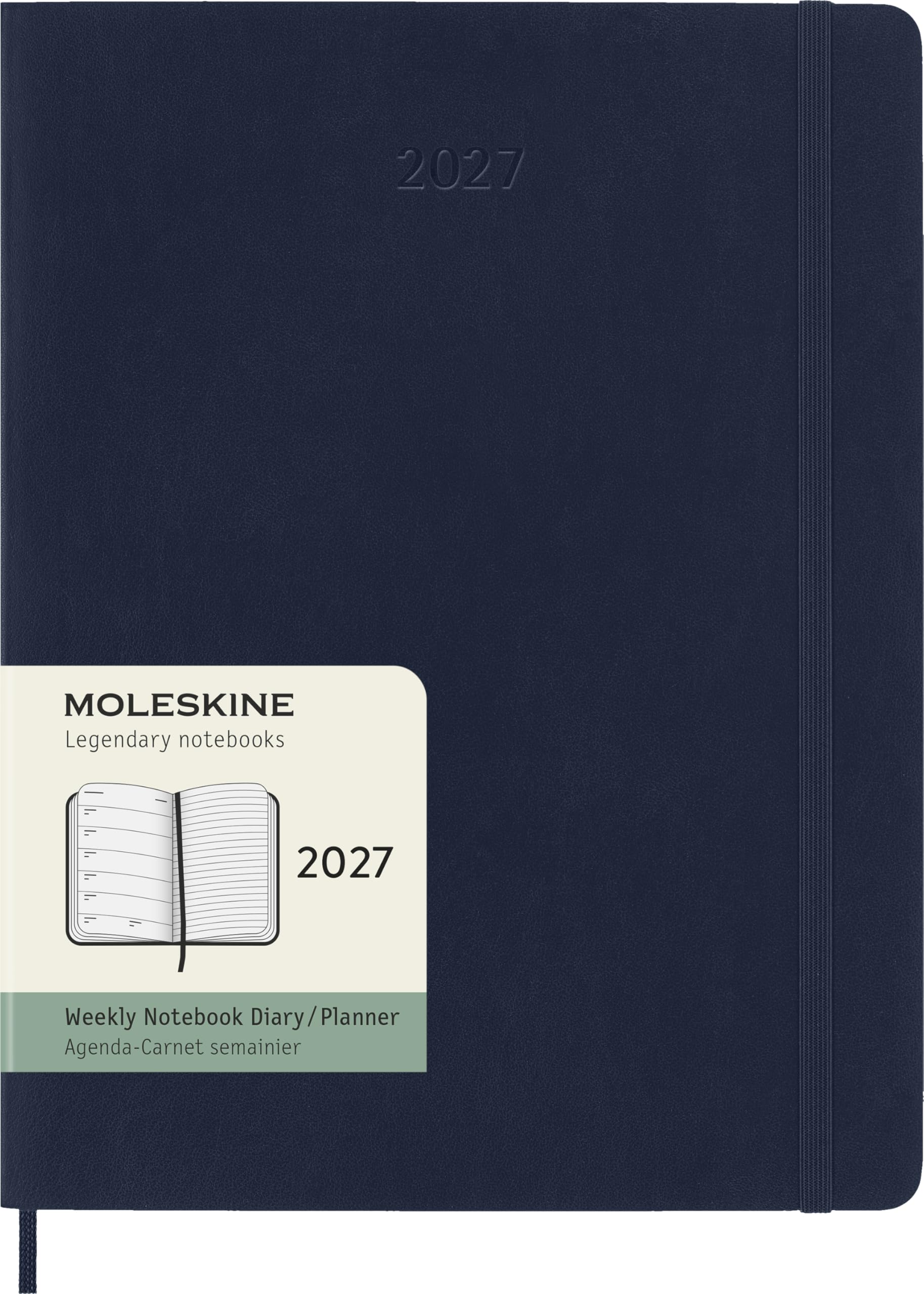 Agenda Hebdomadaire Moleskine 2027, Agenda de 12 Mois avec Espace pour Prendre des Notes, Couverture Souple et Fermeture Élastique, Format XL 19x25 Cm, Couleur Bleu Saphir