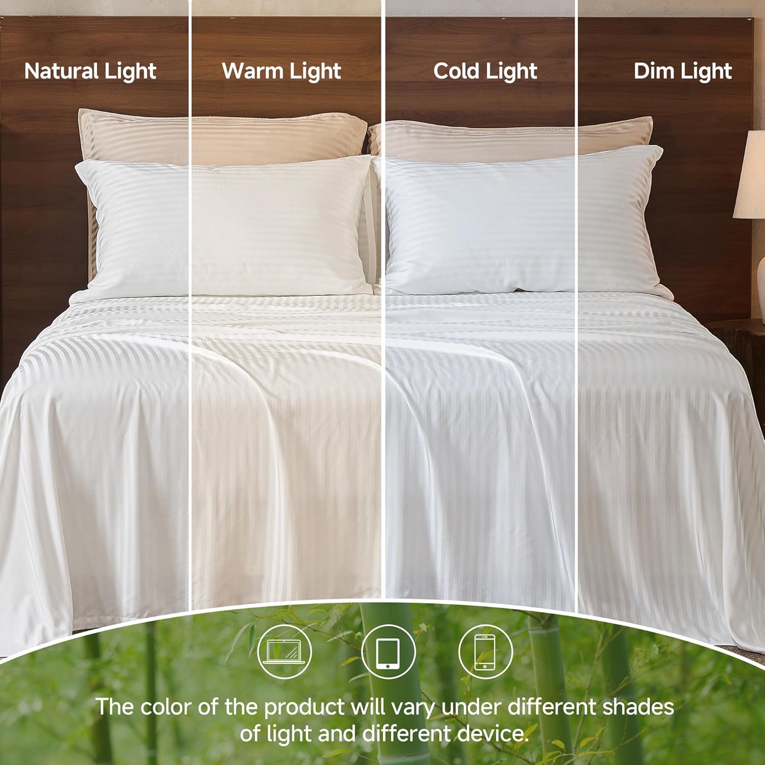 Simple&Opulence 100% Viscose Derived from Bamboo Sheet Set 4pcs Luxury Cooling Soft Breathable Satin Striped Bed Sheet Set with 15-Inch Deep Pocket Perfect for Hot Sleepers (White,Queen)