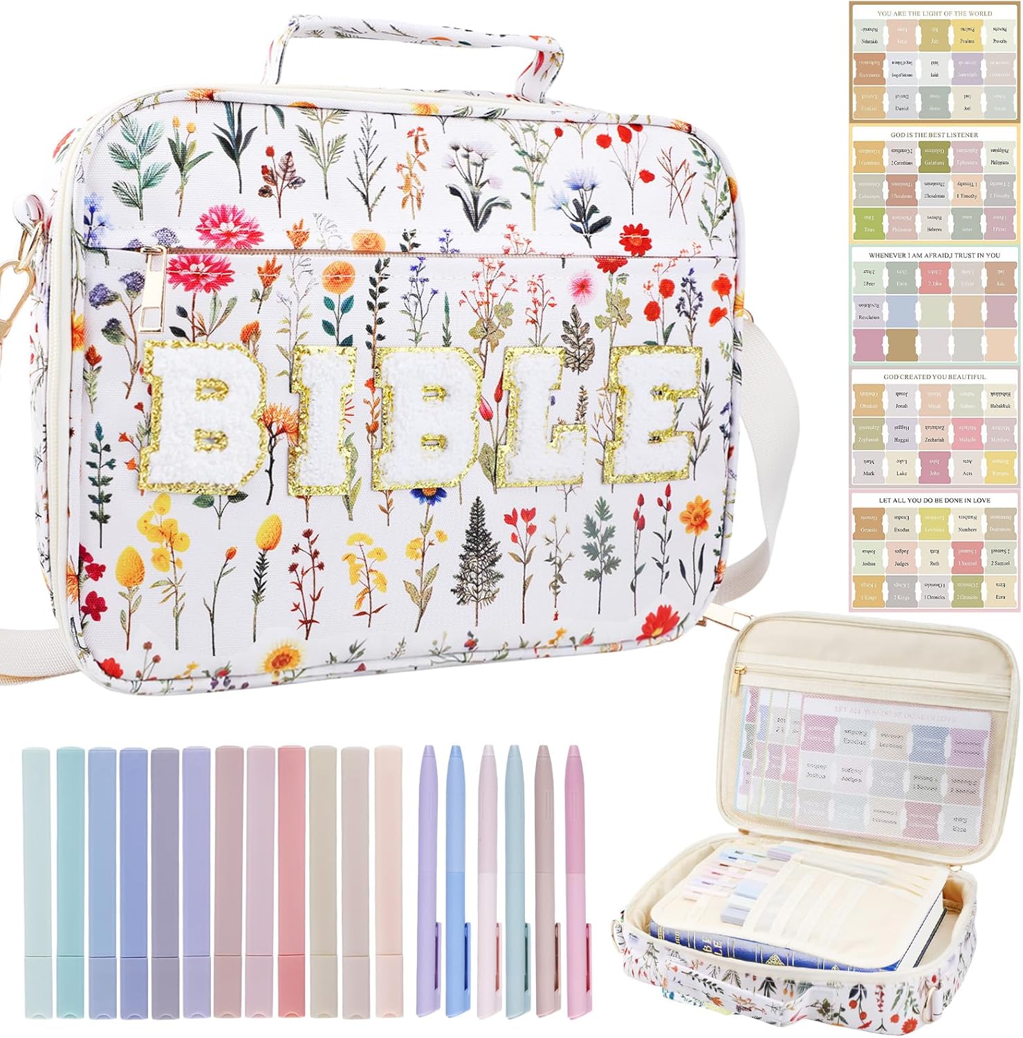 Large Bible Cover Case for Women, 12 x 9 x 2.5 Inch Letter Bible Bag with Shoulder Strap Carrying Bag with Tabs 6 Colored Pens 12 Highlighters, Back to School Study Supplies Christian Church Gifts