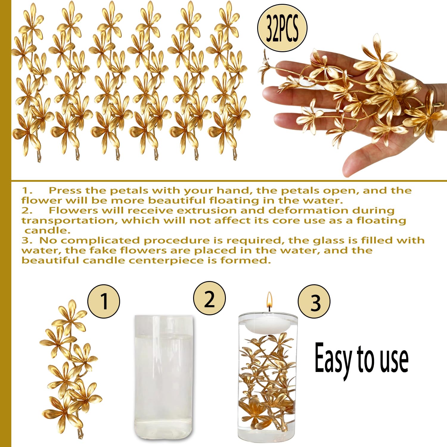 32 Pcs Artificial Flowers for Floating Candles, Gold Orchids Flower Vase Filler Floating Flowers for Centerpieces, Faux Flower Vase Fillers for Wedding Table Party Home Decorartion Restaurant Decor