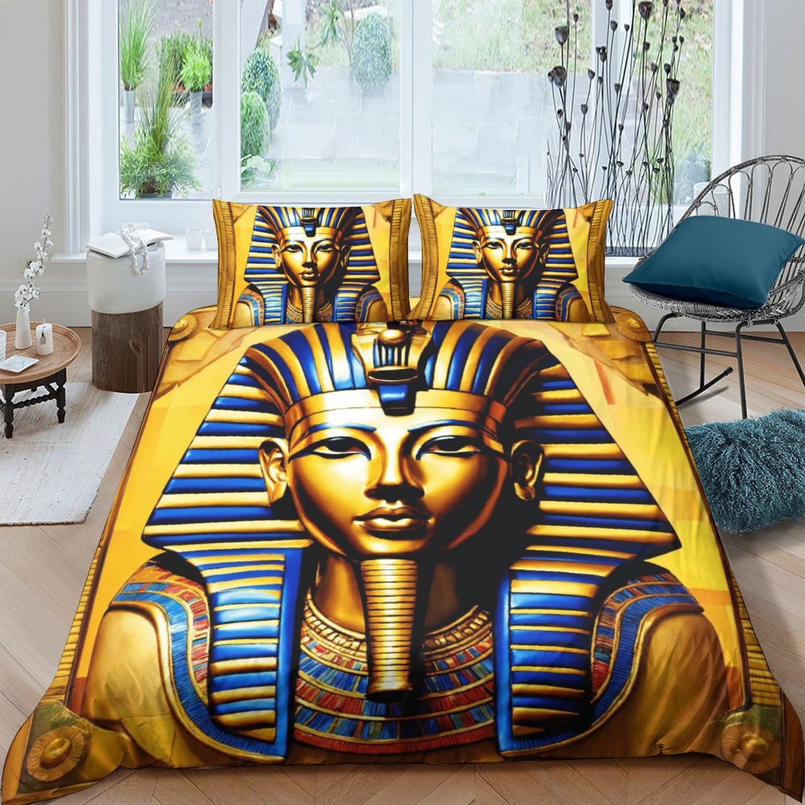 OakiTa Egyptian Pharaoh Duvet Cover,Bed Linen Set,Egyptian Pyramids Duvet Cover And Pillowcase,Microfibre, 3D Digital Print, Bed Linen 3-Piece Set,Boys Double（200x200cm）