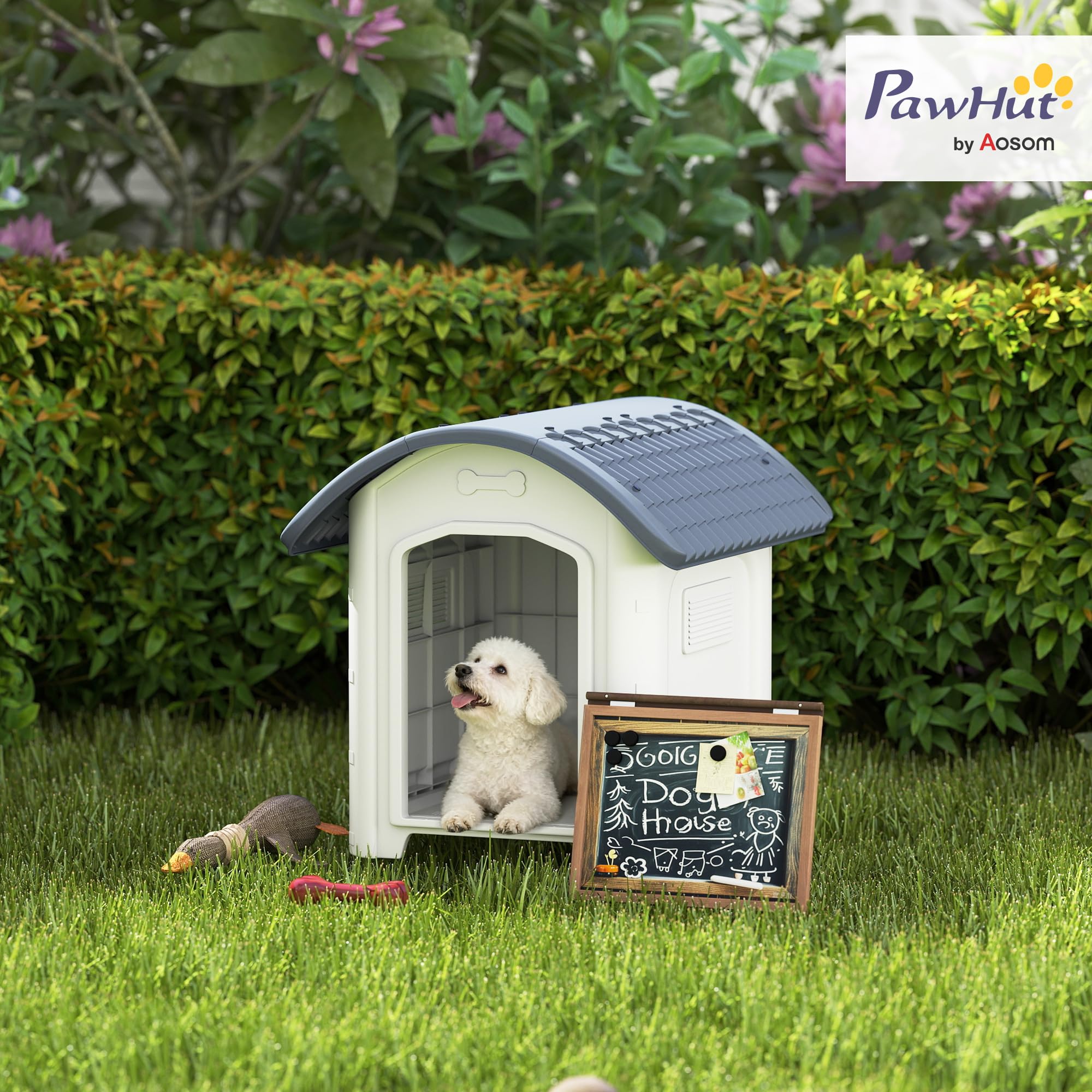 PawHut Niche pour Chien extérieur en polypropylène imperméable, ventilé, Maison Chien extérieur, Plancher surélevé et Amovible, bouches d'aération, pour Jardin, terrasse, intérieur, Gris